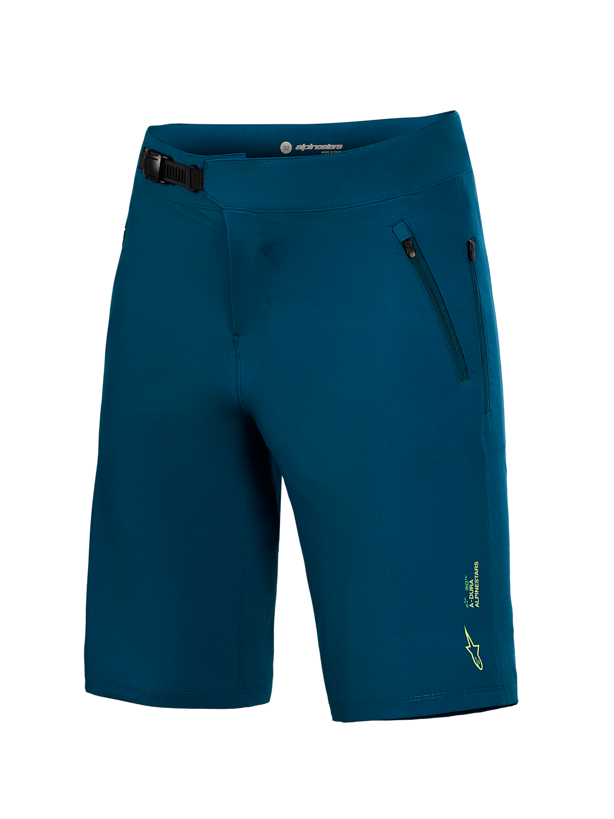 Short de VTT A-Dura Ride bleu-vert Alpinestars, fermeture à cliquet avant et logo jaune sur la jambe.