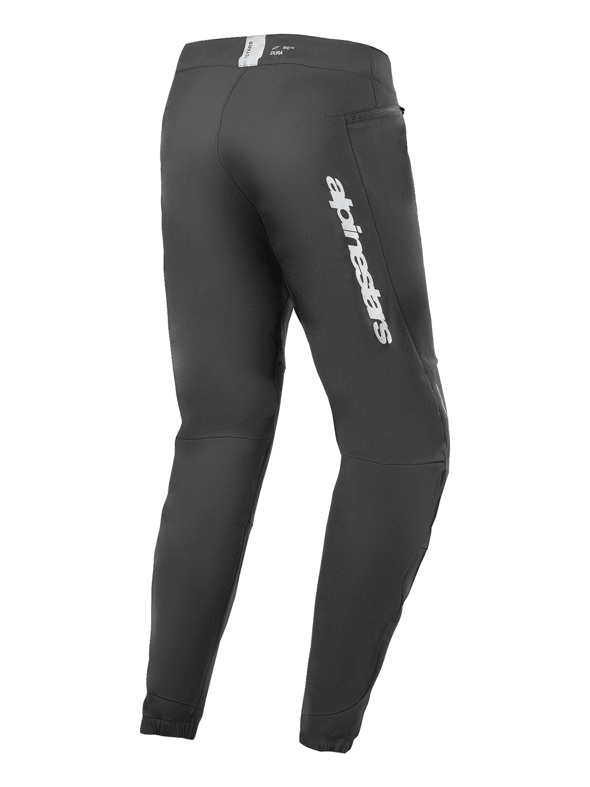 Alpinestars A-Dura Elite Pants, pantalon de VTT, noir, vue latérale arrière avec logo Alpinestars argenté sur la cuisse, poche zippée et poignets élastiqués, équipement technique durable pour le VTT