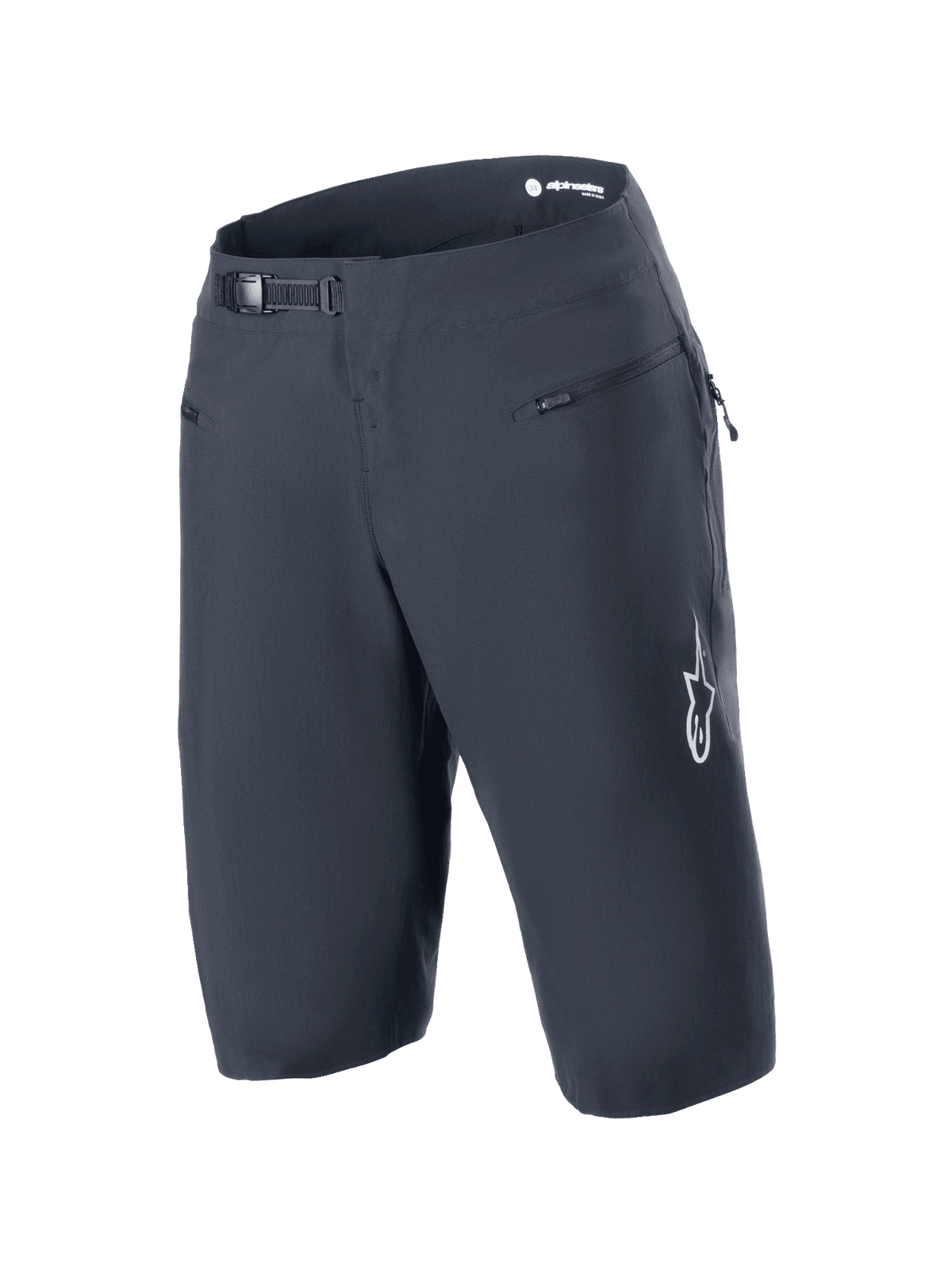 Short Alpinestars A-Aria, noir, short de VTT avec système de fermeture à rochet à la taille et poches avant zippées, logo Astars blanc sur la jambe, vêtement de cyclisme technique haute performance