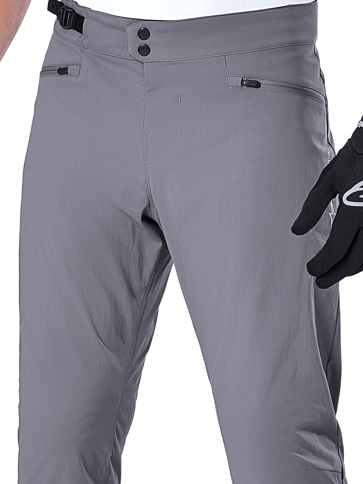 Pantalon Alpinestars A-Dura, pantalon de VTT, gris foncé, gros plan sur la taille avec double fermeture à pression, ajusteur latéral et poches zippées, tissu extensible durable pour le VTT