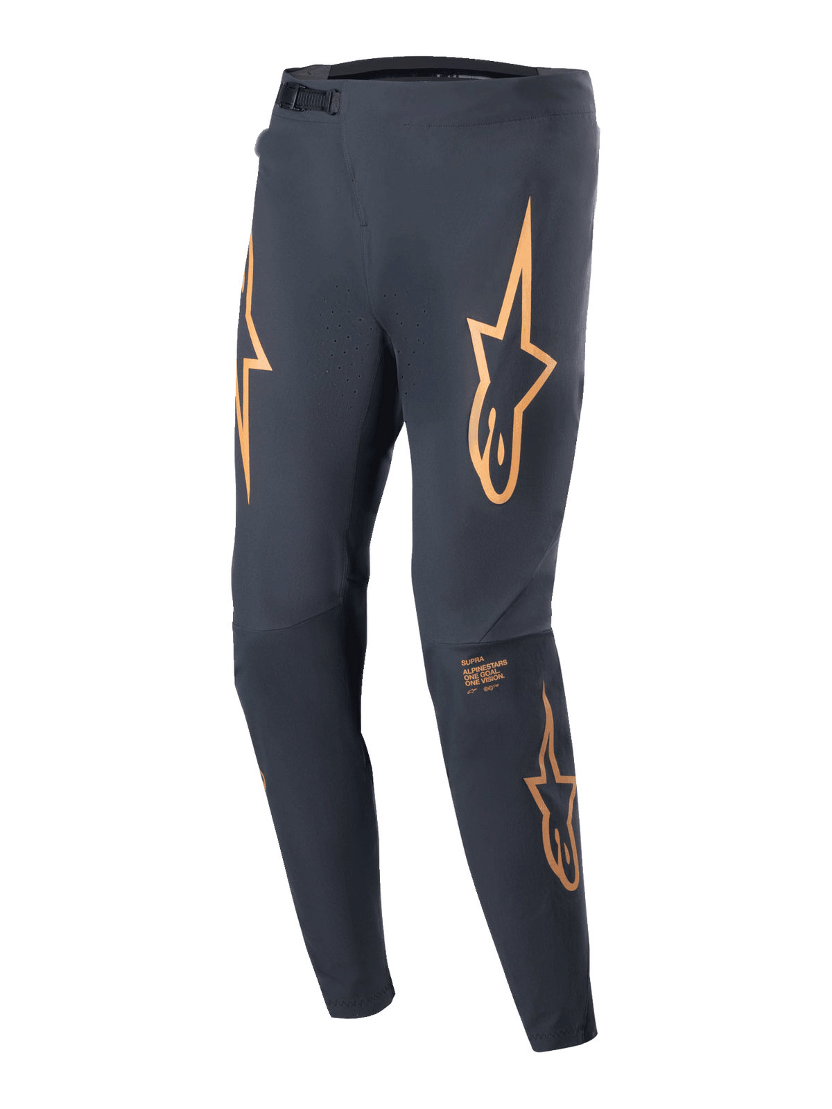 Alpinestars A-Supra Race Pants, pantalon de course VTT, noir avec logos d'étoiles orange proéminents sur les cuisses, doté d'une fermeture à rochet à l'avant, de ventilations perforées au laser et d'une coupe athlétique fuselée.