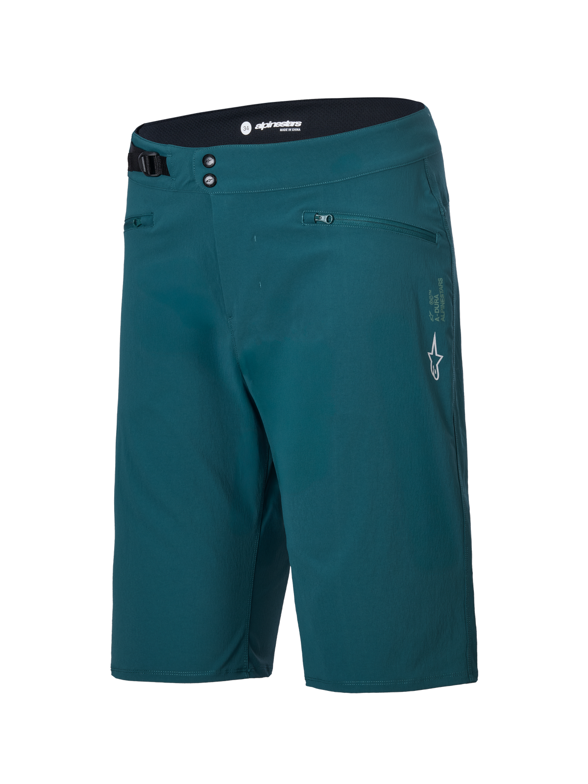 Short Alpinestars A-Dura, short de VTT, vert Dark Pine, avec poches zippées, fermeture avant à double pression, ajustement latéral de la taille et logo Alpinestars blanc sur la jambe gauche, conception durable pour le VTT