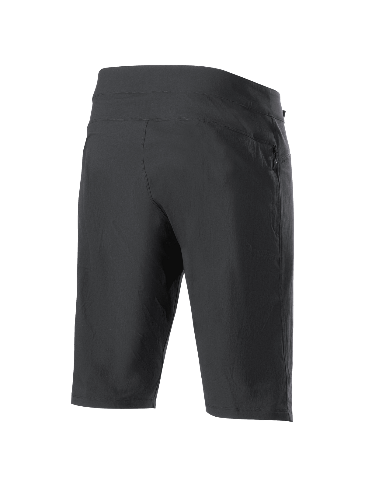 Short Liner Alpinestars A-Dura, short de VTT noir, vue arrière de trois-quarts, doté d'une poche latérale zippée, d'un tissu extensible résistant et d'un design athlétique profilé pour le cyclisme tout-terrain