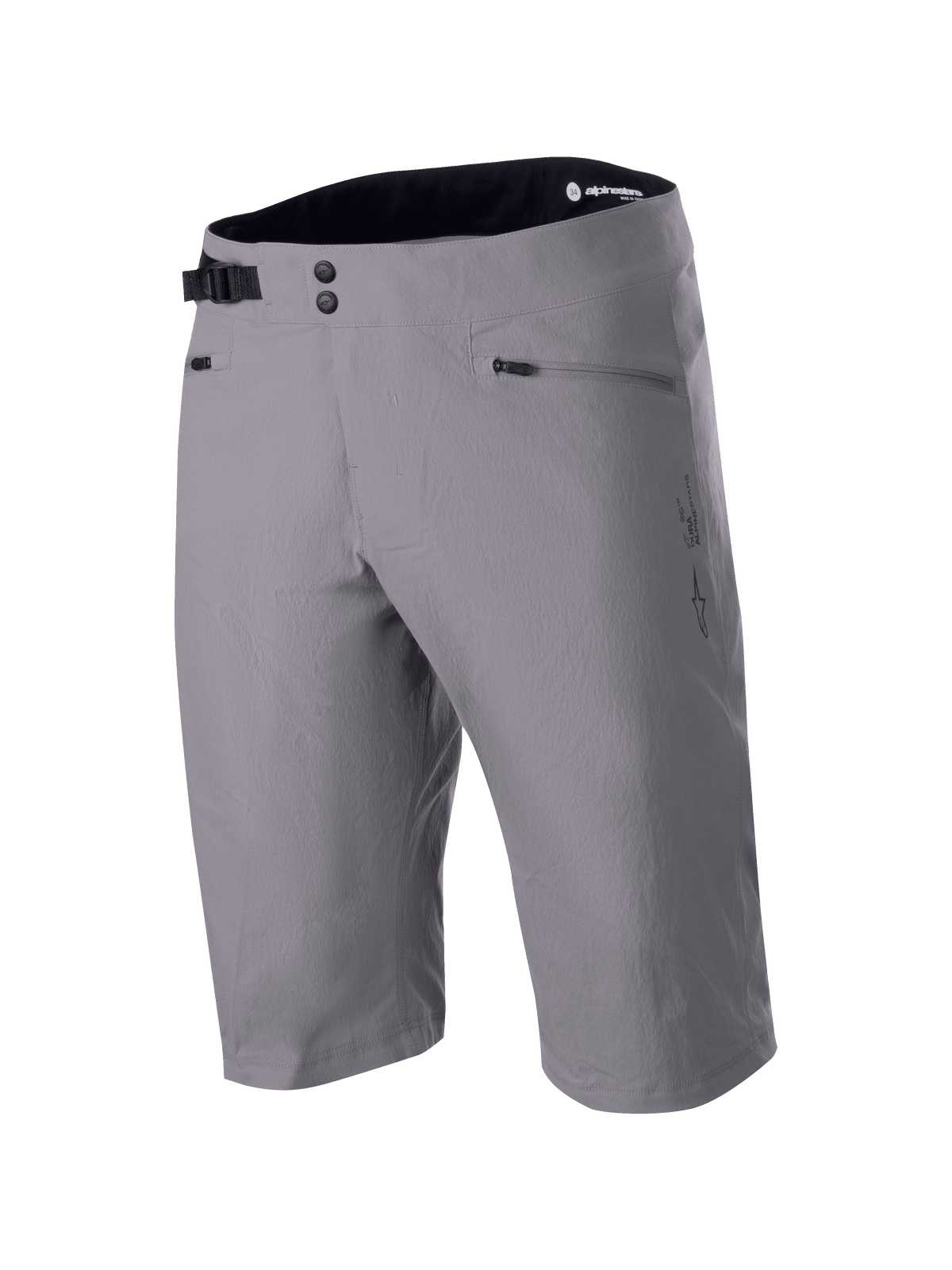 Short A-Dura Liner Alpinestars, short de VTT gris foncé, fermeture avant à double pression avec boucle de serrage latérale réglable, poches mains zippées, tissu textile durable extensible dans 2 directions, logo Astars sur le côté, ceinture intérieure noire