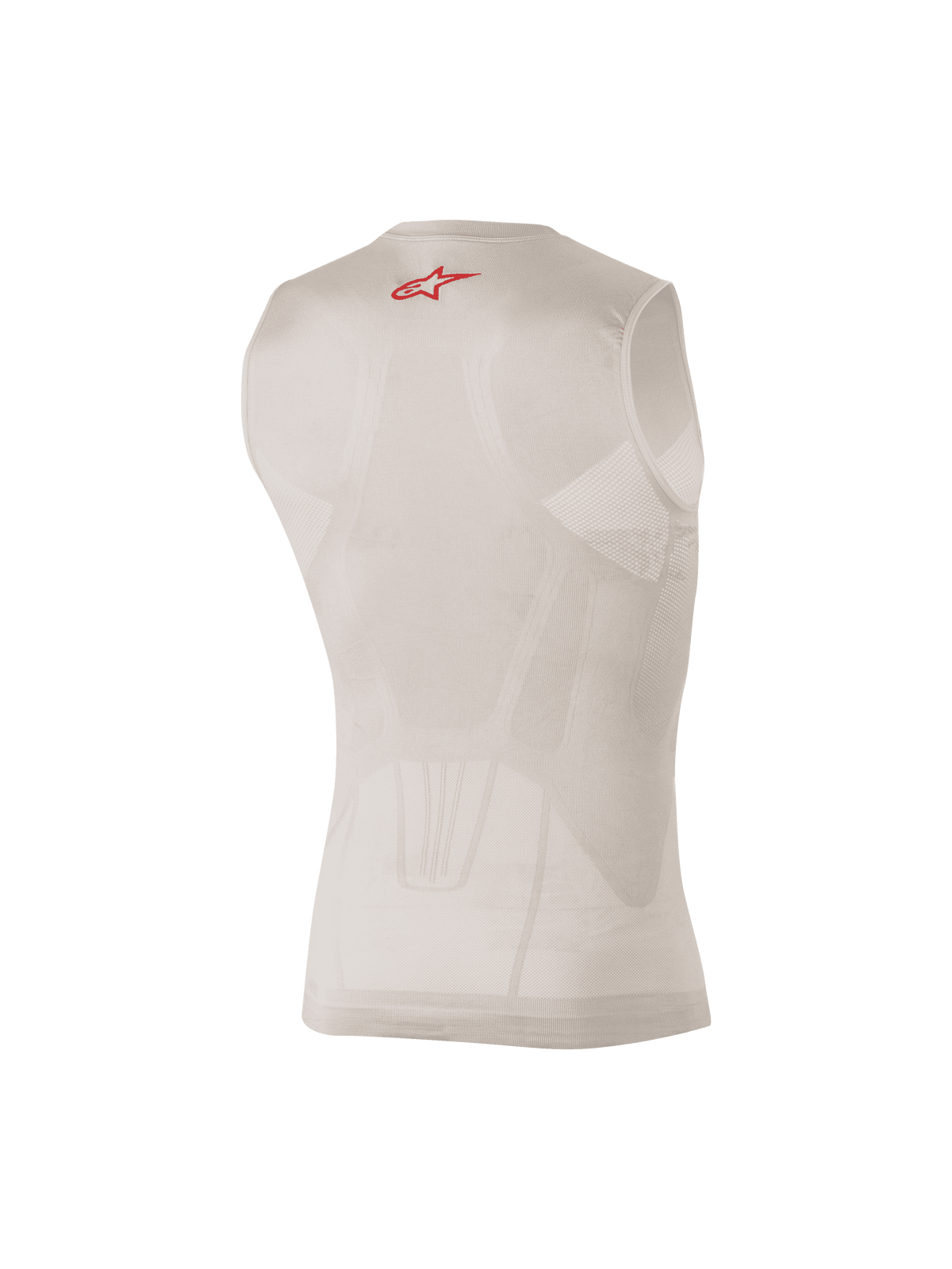 Alpinestars Tech Tank Summer, débardeur technique argent et rouge, vue arrière montrant des empiècements en mesh et un petit logo rouge sur le haut du dos, conçu pour l'évacuation de l'humidité sous un équipement de motocross ou de VTT.