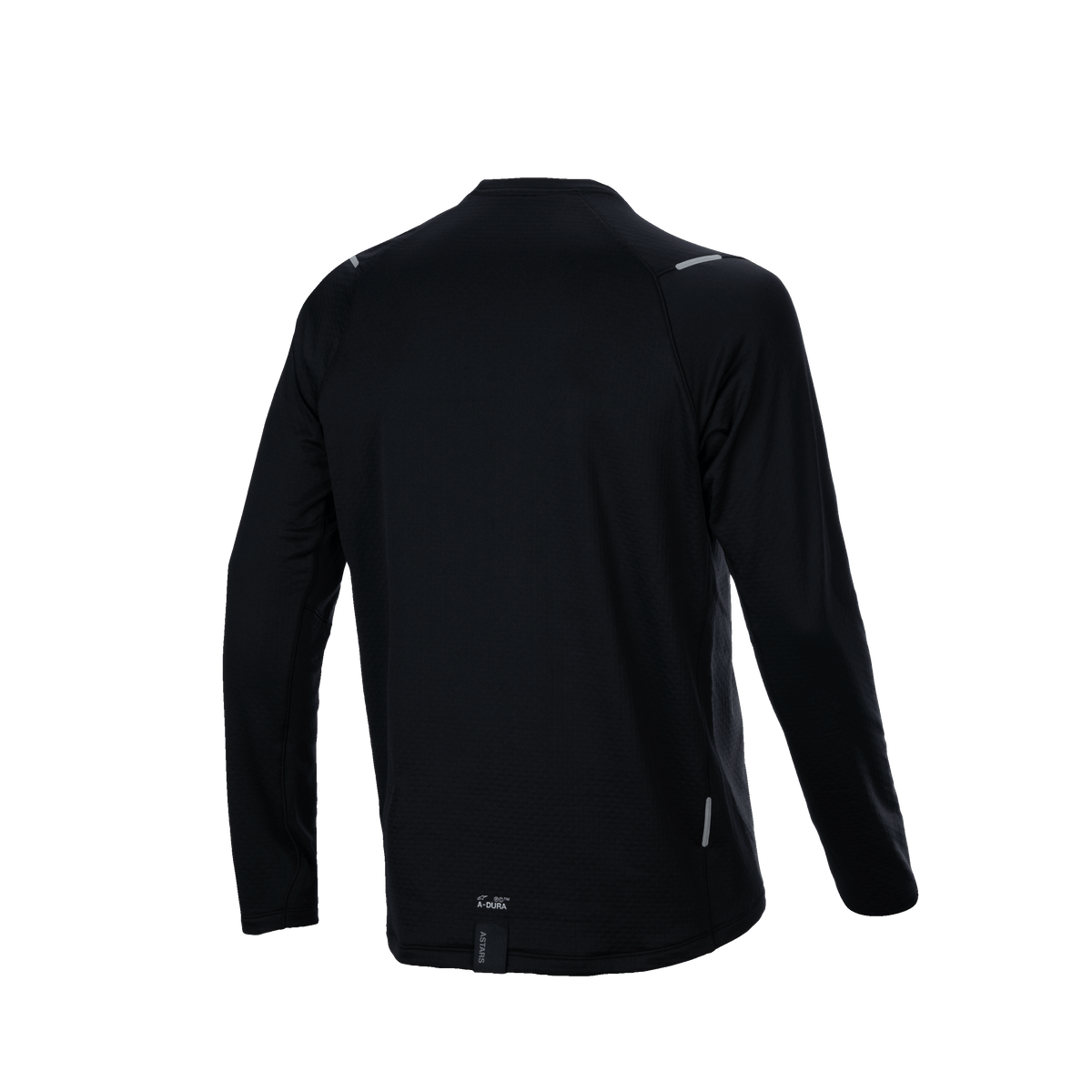 Maillot thermique Alpinestars A-Dura, vue arrière, noir, maillot de VTT à manches longues avec coupe arrière allongée et tissu isolant texturé, petit marquage A-Dura et détails réfléchissants