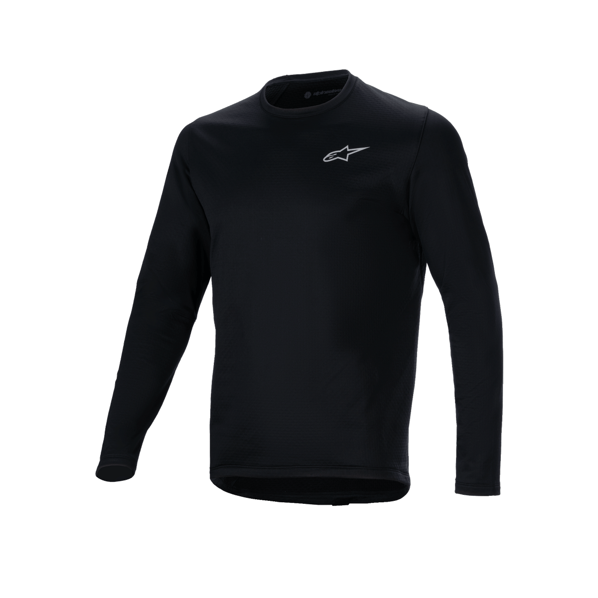 Maillot thermique Alpinestars A-Dura, maillot de cyclisme à manches longues noir, petit logo Alpinestars blanc sur la poitrine, coupe allongée à l'arrière pour une meilleure protection, doublure en polaire isolante pour le VTT par temps froid
