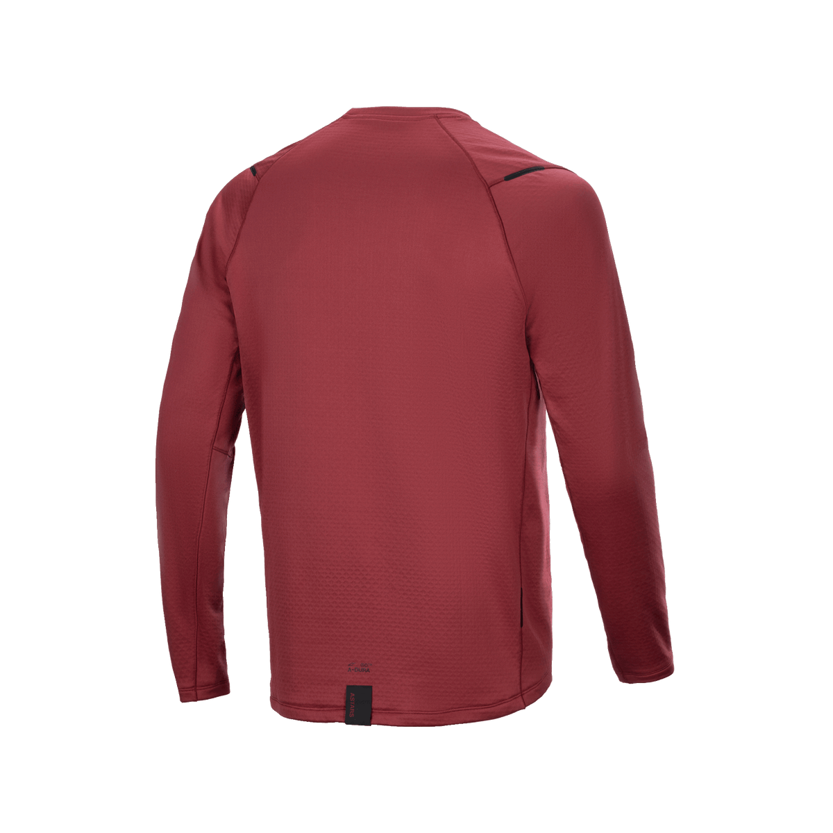 Maillot thermique Alpinestars A-Dura, maillot de cyclisme à manches longues, bordeaux, vue arrière montrant le dos allongé pour une protection accrue, tissu thermique isolant texturé, marquage minimaliste à l'ourlet