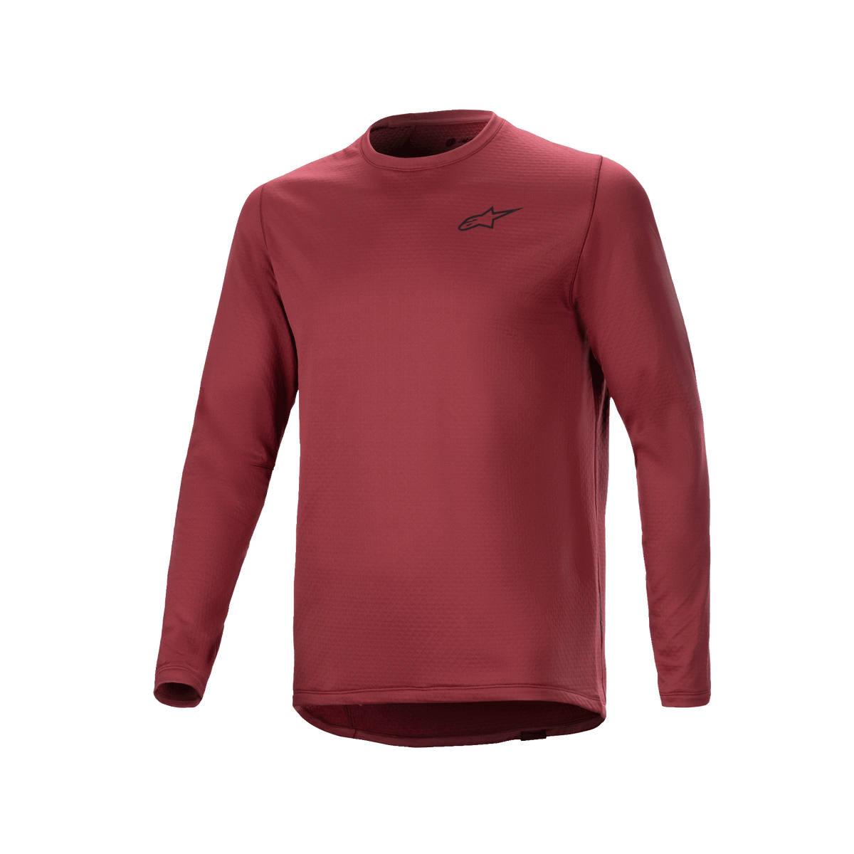 Maillot thermique Alpinestars A-Dura, maillot de cyclisme à manches longues, bordeaux, tissu isolant texturé avec petit logo étoile noir sur la poitrine, pan arrière allongé pour la pratique du VTT