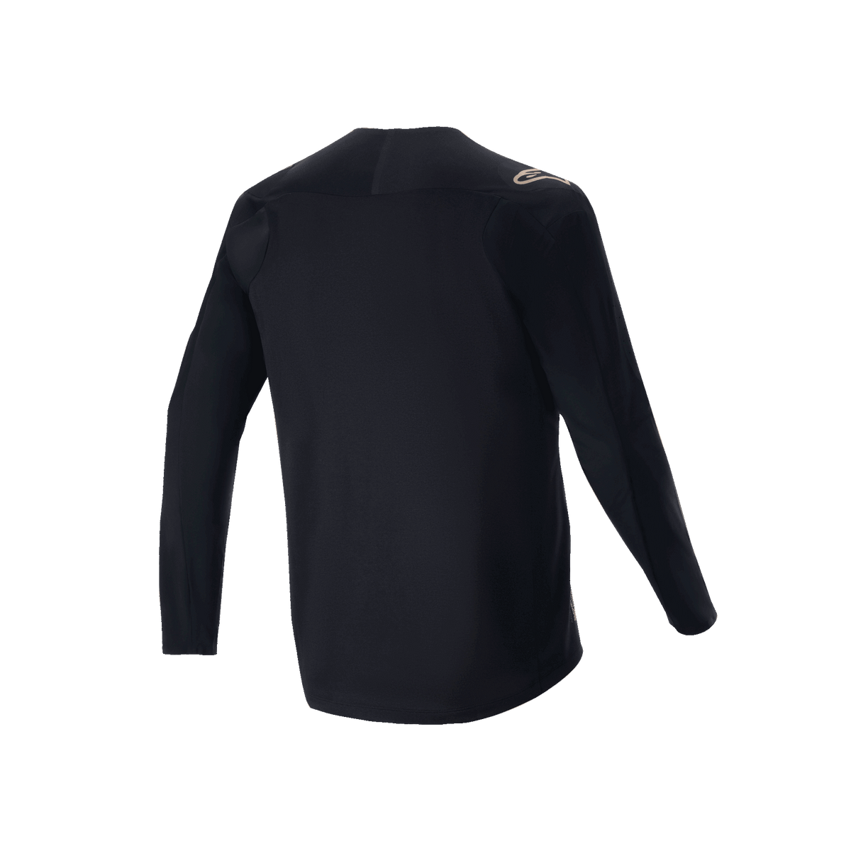 Maillot à manches longues Alpinestars A-Aria Polartec Switch, noir, vue arrière du maillot de VTT, doté d'un petit logo beige sur l'épaule et d'un ourlet arrière allongé, tissu technique évacuant l'humidité pour le cyclisme tout-terrain