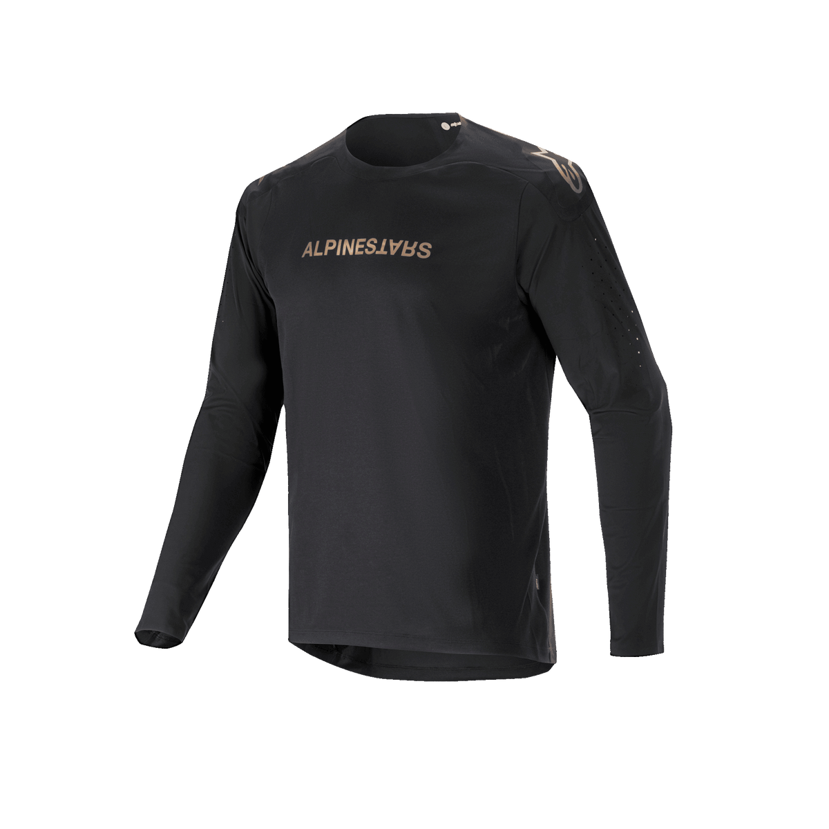 Maillot à manches longues Alpinestars A-Aria Polartec Switch, Noir, maillot de VTT avec logo Alpinestars aux tons dorés sur la poitrine et les épaules, manches perforées au laser et tissu Polartec évacuant l'humidité pour une performance tout-terrain