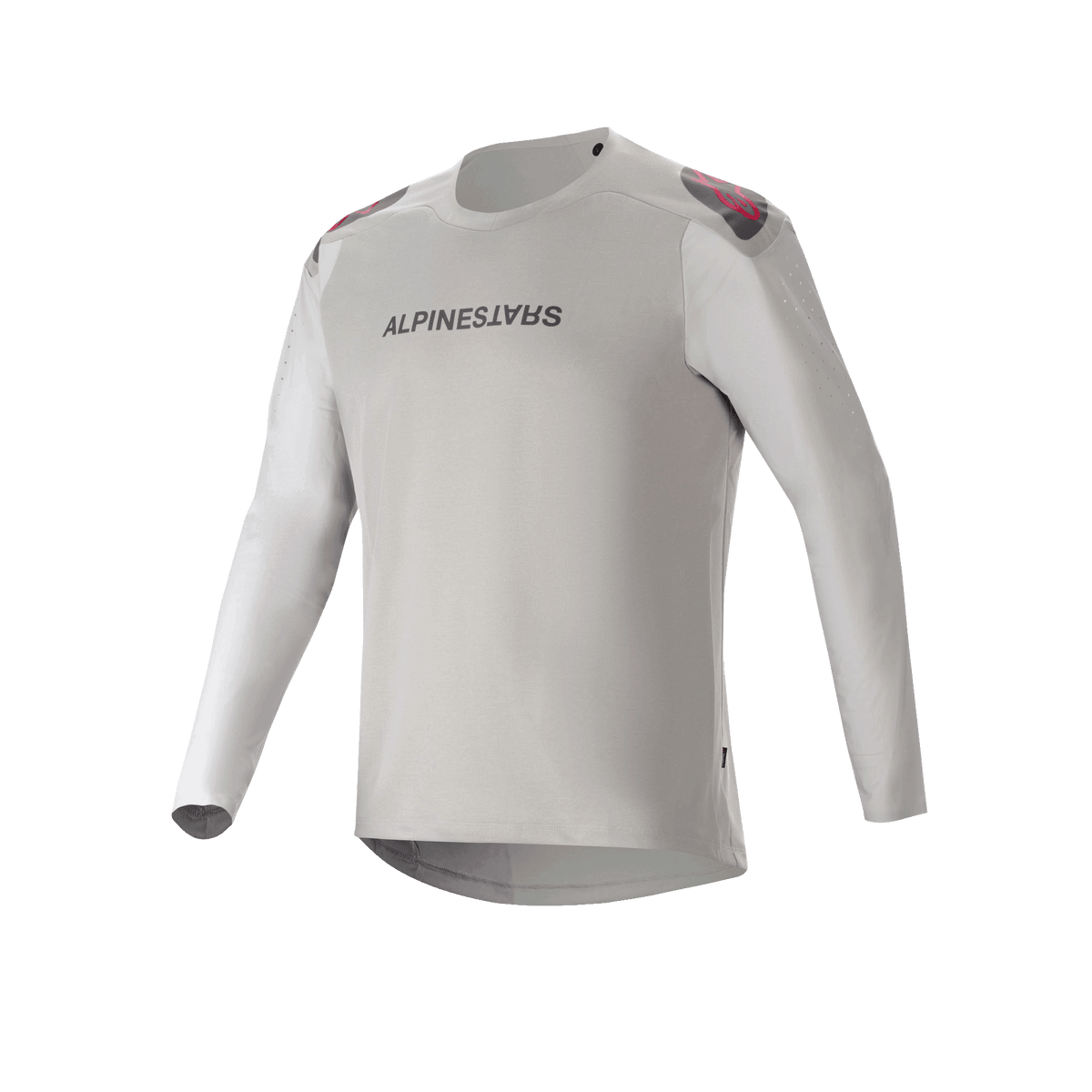 Alpinestars A-Aria Polartec Switch Jersey - Long Sleeve, Light Gray mountain bike jersey with black chest branding, red and black shoulder accents, and laser-perforated sleeves for ventilation