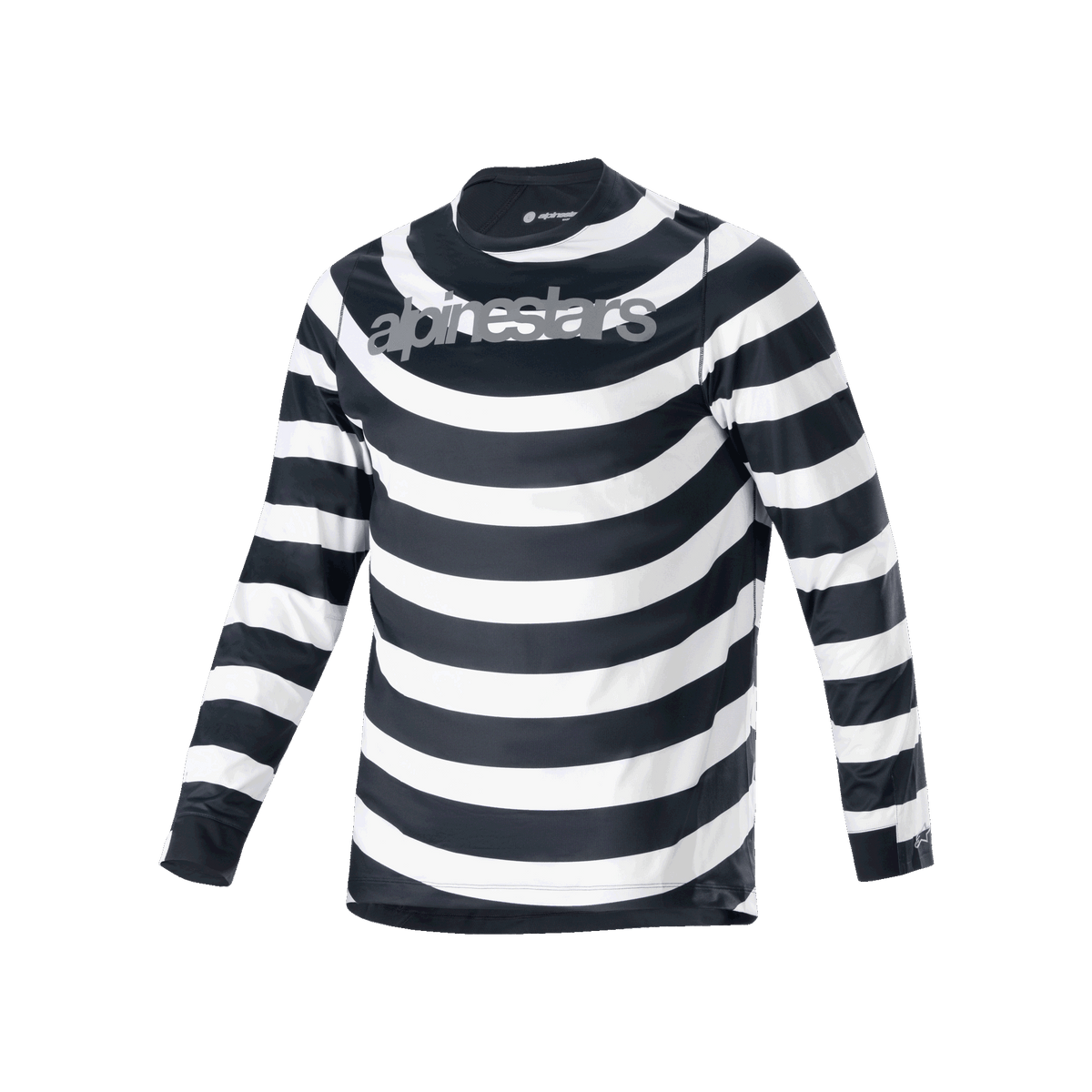 Alpinestars A-Aria Oscar Jersey, Long Sleeve MTB Jersey, Black and White spiral horizontal stripes, grey Alpinestars logo on the chest, lightweight and breathable performance cycling gear