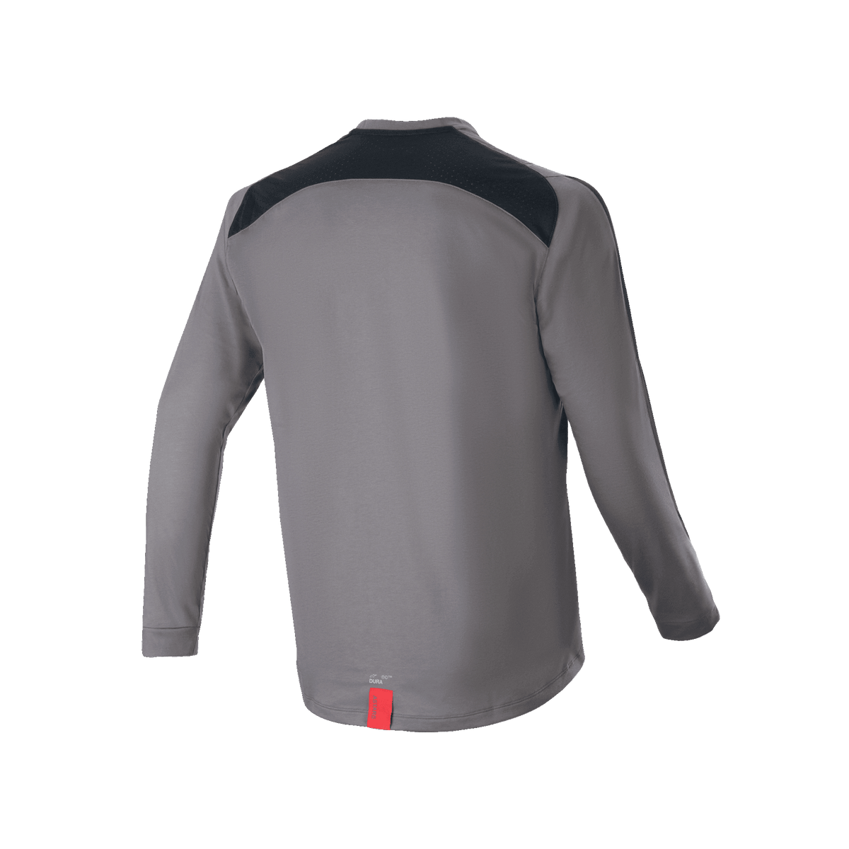 Maillot à manches longues Alpinestars A-Dura Dri Astar, gris foncé, vue de dos présentant des panneaux de ventilation en maille noire sur les épaules et une petite étiquette rouge à l'ourlet, vêtement technique de VTT