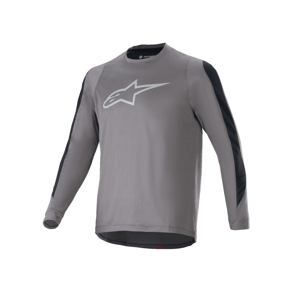 Maillot à manches longues Alpinestars A-Dura Dri Astar, gris foncé avec logo Astars blanc sur la poitrine, panneaux de ventilation en maille noire sur les manches, équipement de cyclisme haute performance pour le VTT