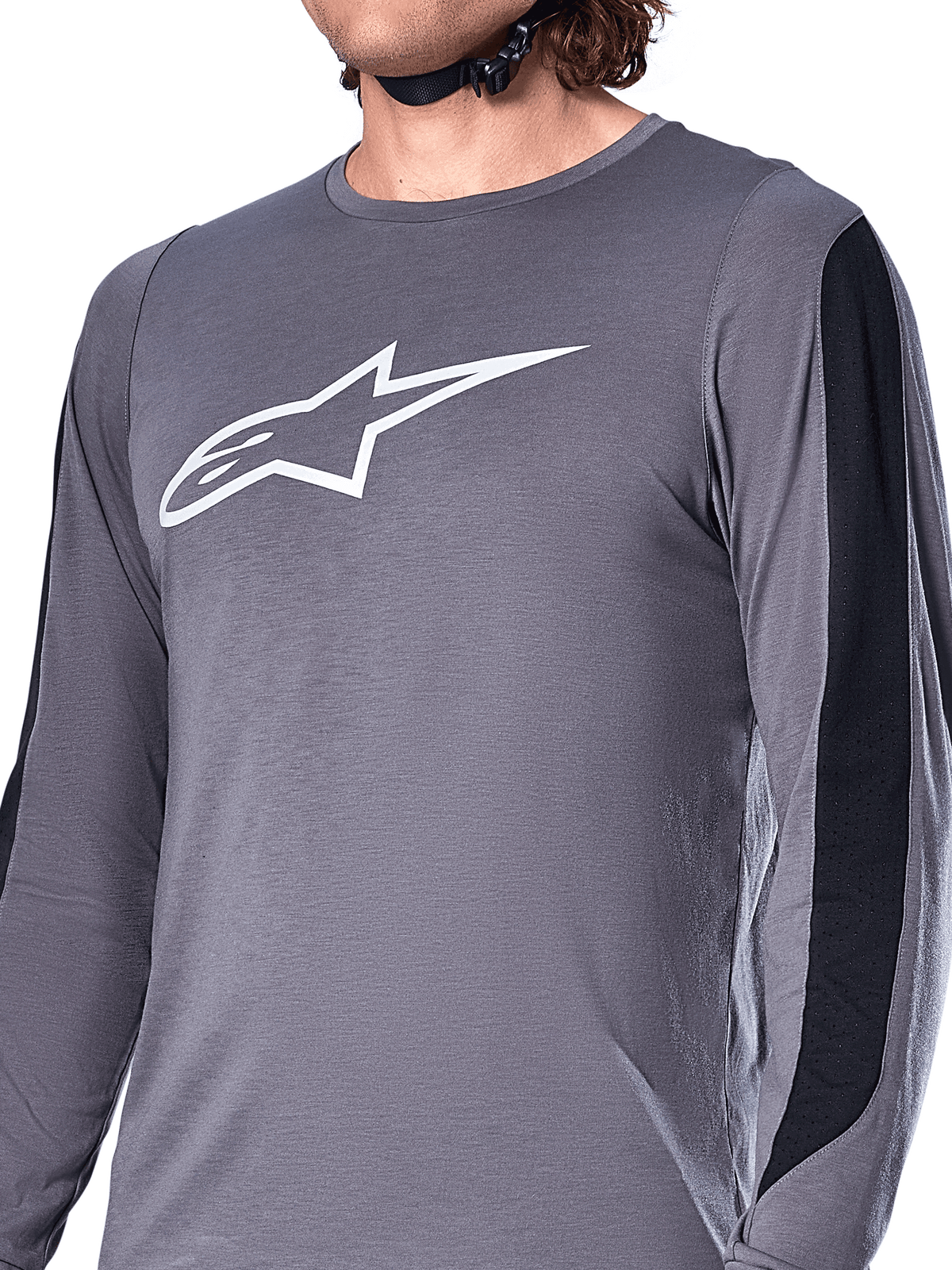 Maillot Alpinestars A-Dura Dri Astar, manches longues, gris foncé, logo Astars blanc sur la poitrine, panneaux en maille noire sur les manches, vêtement de VTT haute performance