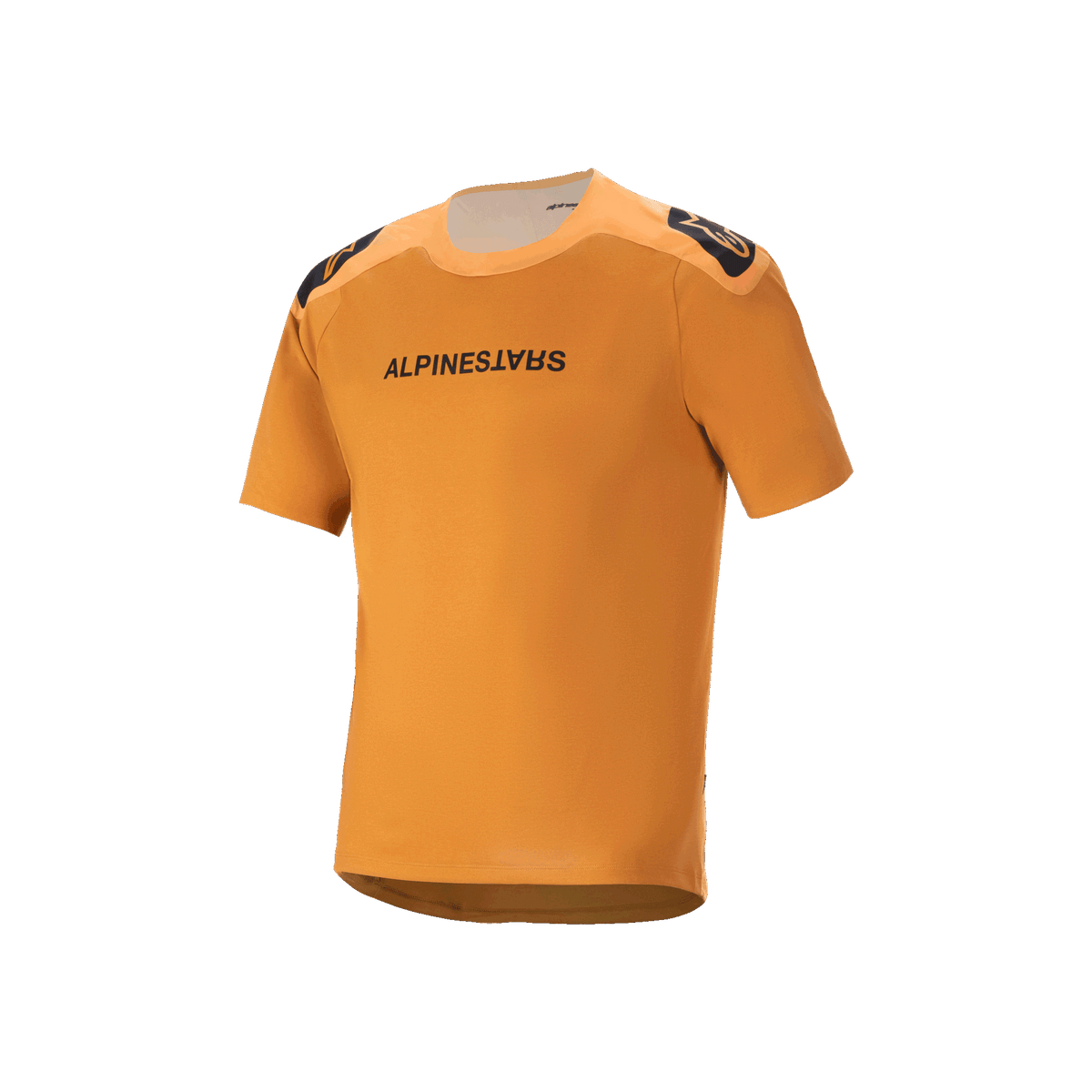 Maillot à manches courtes Alpinestars A-Aria Polartec Switch, Or foncé, texte Alpinestars noir sur la poitrine, logos sur les épaules, vêtement technique de VTT avec pan arrière allongé