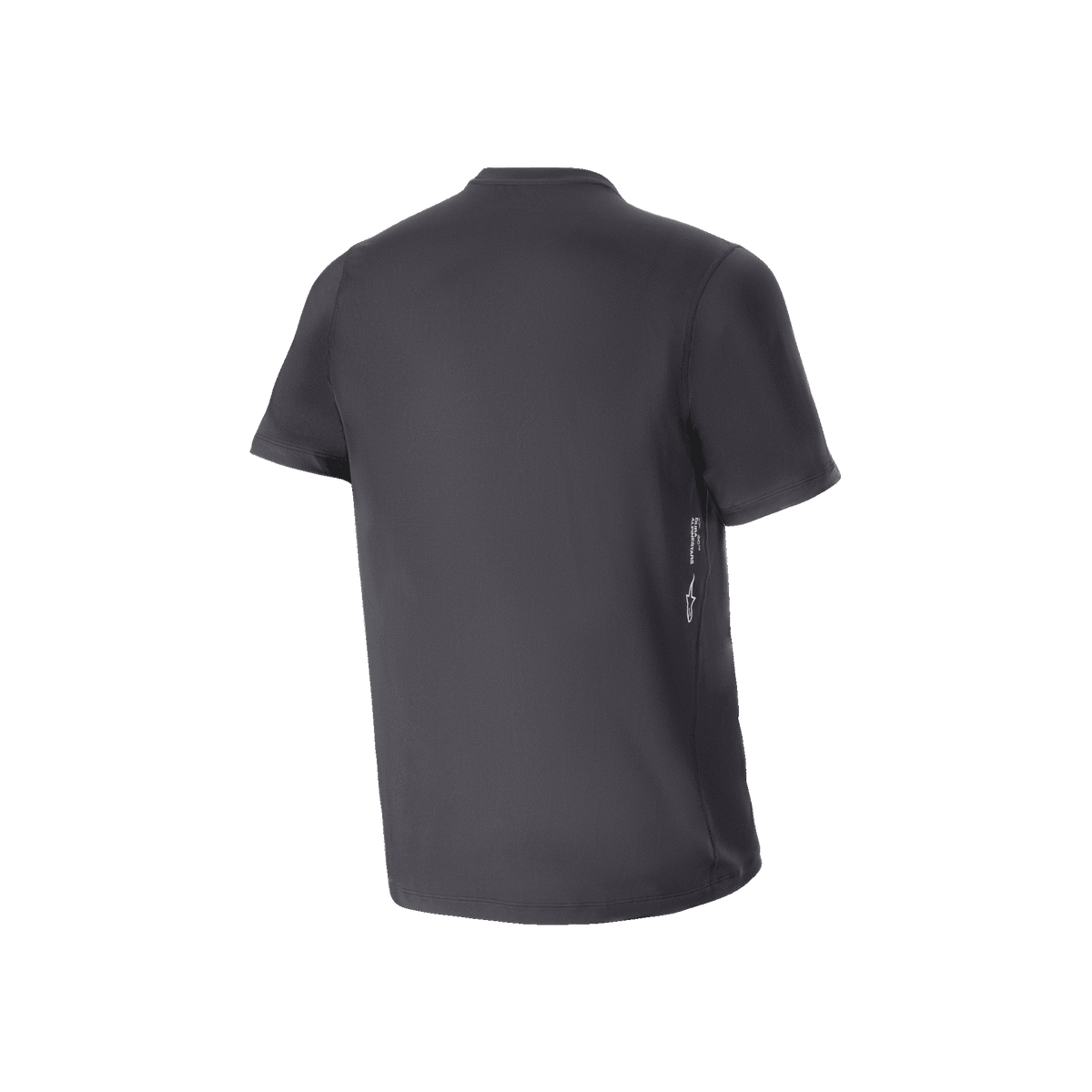 Maillot à manches courtes Alpinestars A-Dura Oscar, maillot de cyclisme VTT, noir, vue de dos avec petit marquage blanc vertical sur le bas du côté, coupe régulière, vêtement technique performant pour le tout-terrain