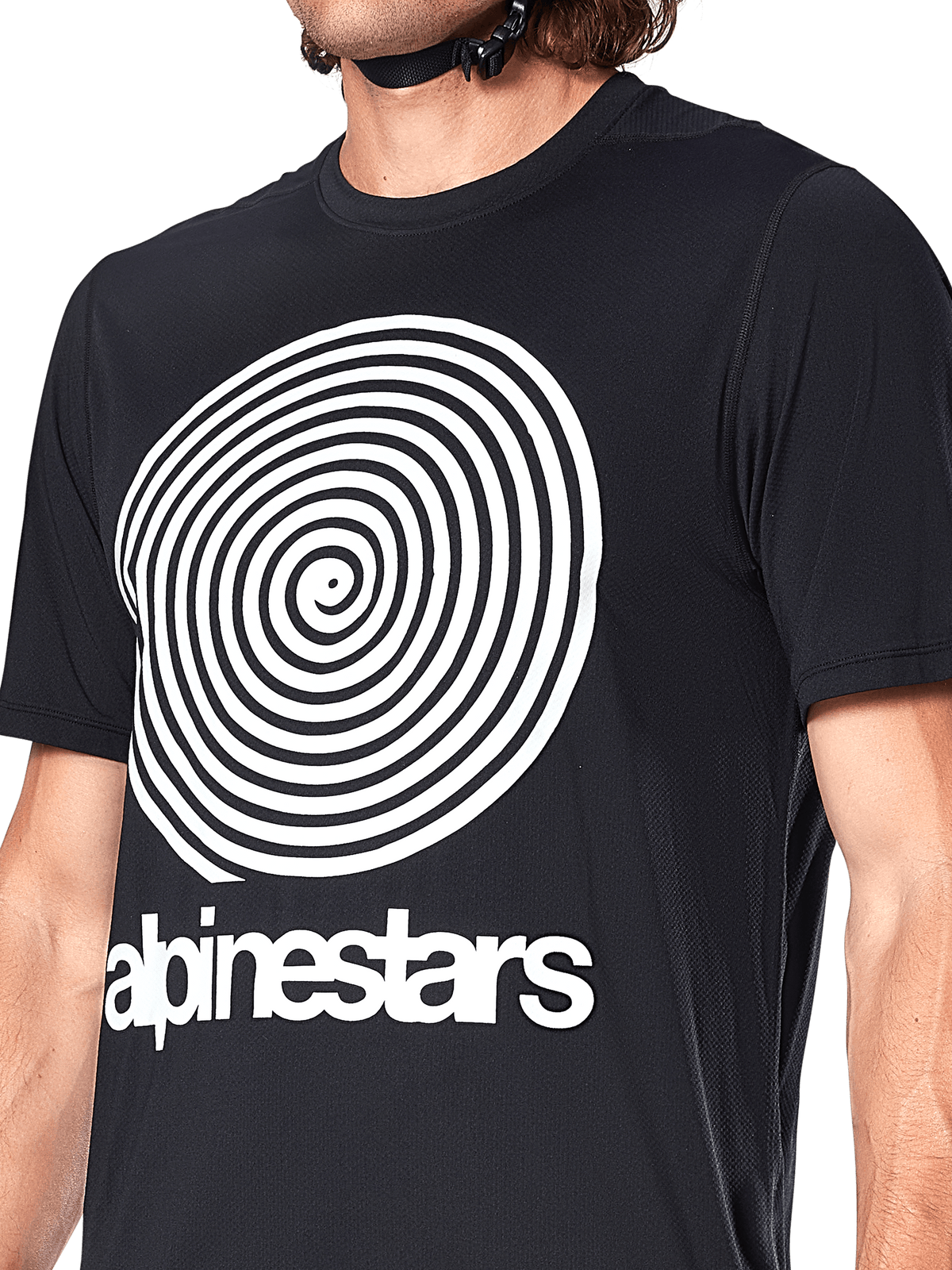 Alpinestars A-Dura Oscar Jersey, maillot de VTT à manches courtes, noir, avec un grand graphique en spirale Oscar vintage blanc et logo Alpinestars sur la poitrine, vêtement de cyclisme de performance