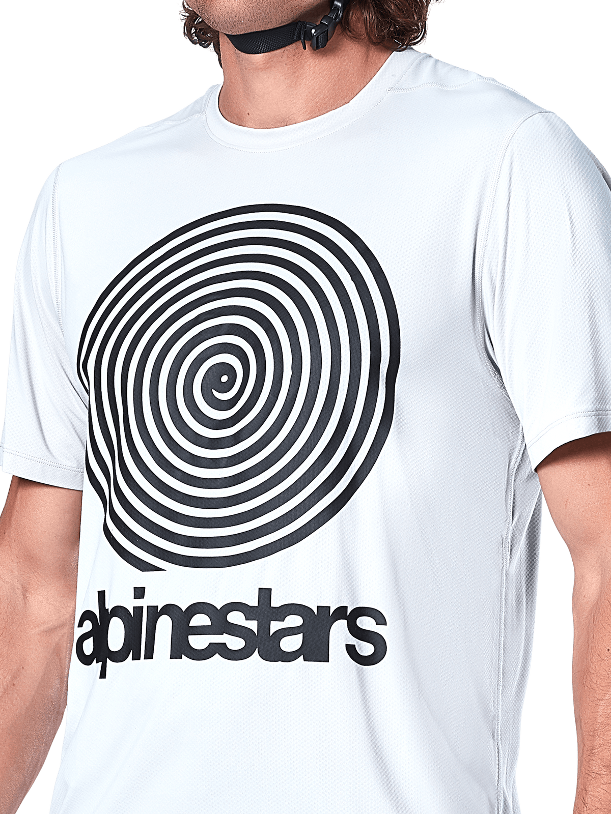 Alpinestars A-Dura Oscar Jersey, Short Sleeve MTB Jersey, White Dove, large black spiral Oscar graphic on chest, screen-printed Alpinestars wordmark, jacquard knit texture, performance cycling apparel