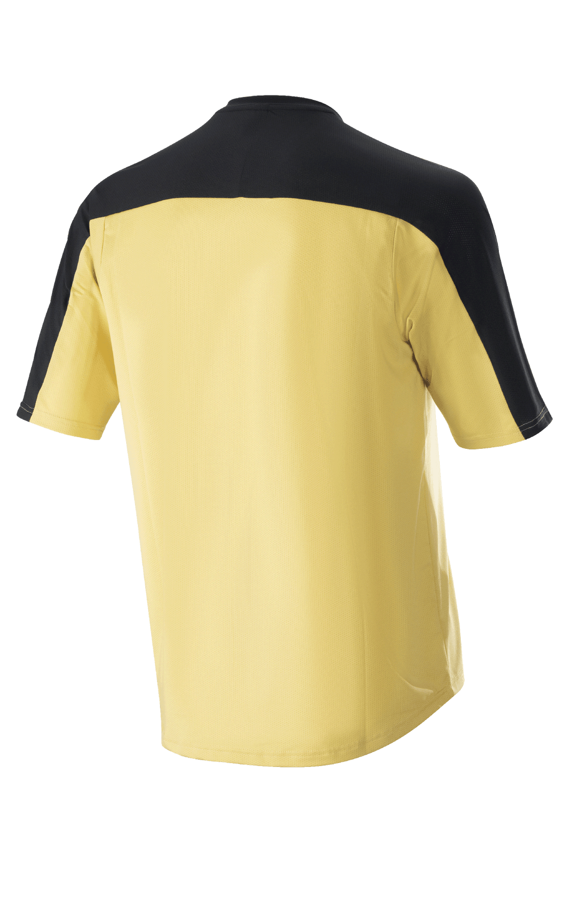 Maillot Alpinestars Drop Meta à manches courtes, maillot de VTT, or avec empiècement d'épaule et panneaux de manches noirs, vue arrière, pan arrière allongé pour une protection accrue, matériau en mesh léger.