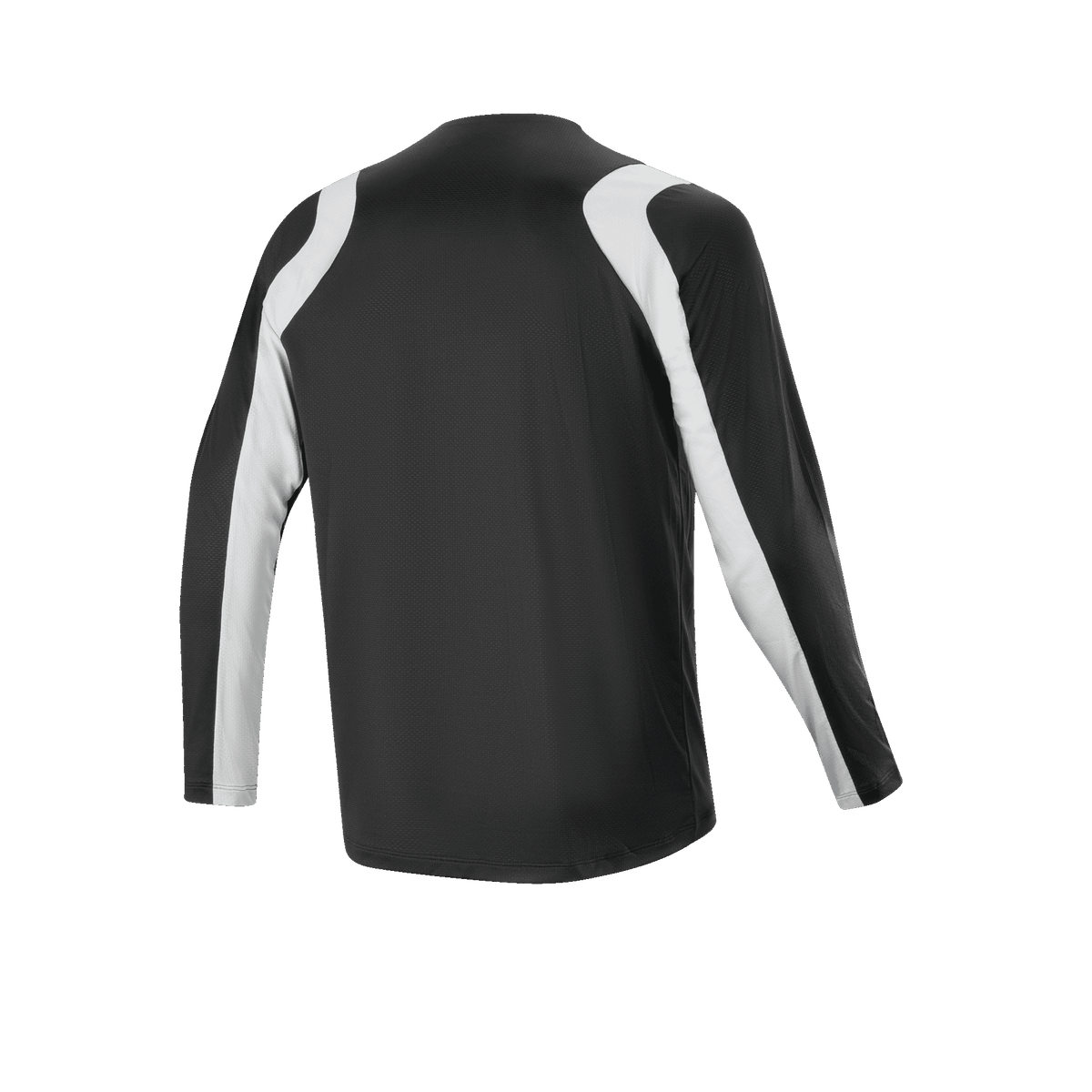 Maillot Alpinestars A-Supra Oscar - Manches Longues, noir, vue de dos, avec des empiècements blancs incurvés sur les épaules et les manches, vêtement de VTT léger et respirant