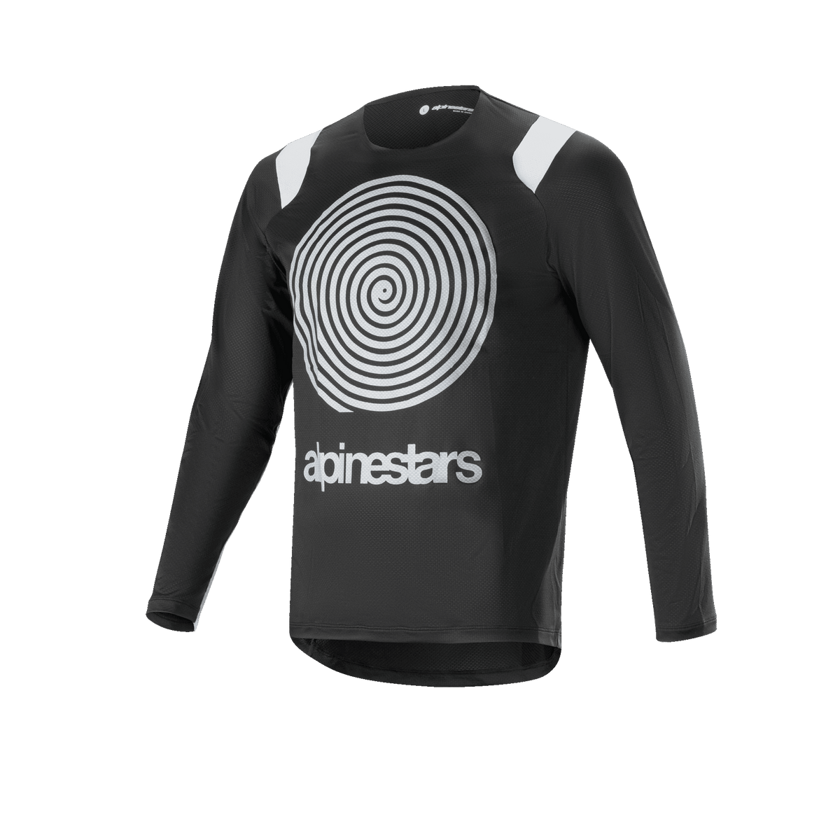 Maillot à manches longues Alpinestars A-Supra Oscar, maillot de cyclisme noir, avec un grand graphique en spirale Oscar blanc sur la poitrine, accents blancs aux épaules, logo Alpinestars, léger et respirant pour le VTT gravity