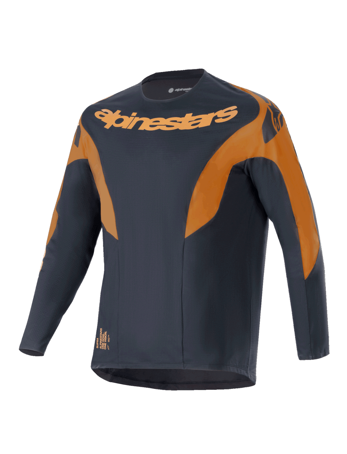 Alpinestars A-Supra Race Jersey, Long Sleeve MTB Jersey, Black with Orange accents, features bold Alpinestars logo on chest and shoulders, micro-perforated polyester fabric, racing-inspired design