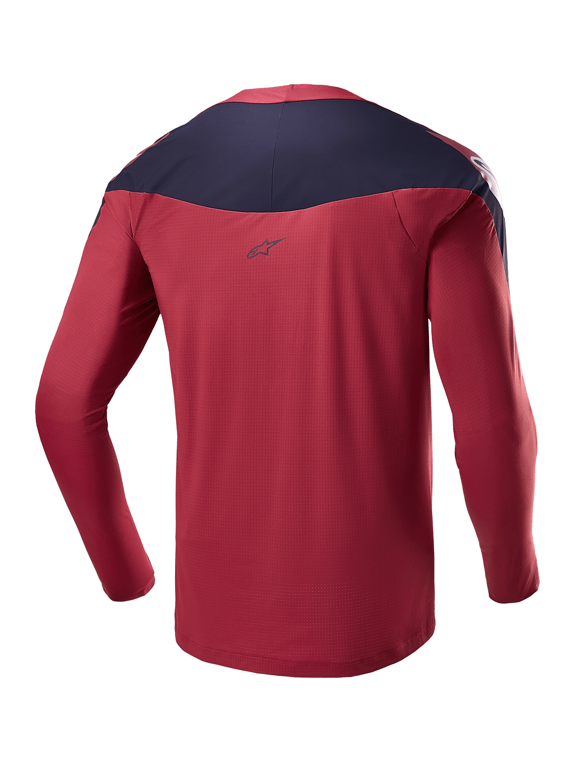Maillot Alpinestars A-Supra Race - Manches longues, bourgogne et bleu marine, vue arrière montrant le tissu technique micro-perforé, empiècement foncé aux épaules avec logo, équipement VTT haute performance
