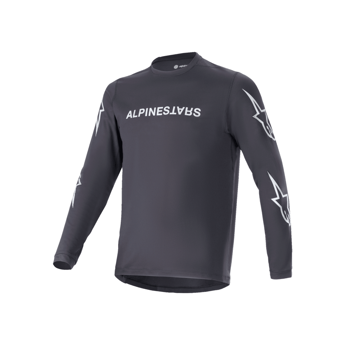 Maillot à manches longues Alpinestars A-Dura Switch, noir, logo Alpinestars blanc sur la poitrine et logos étoiles blancs sur les manches, tissu technique léger, équipement de cyclisme VTT