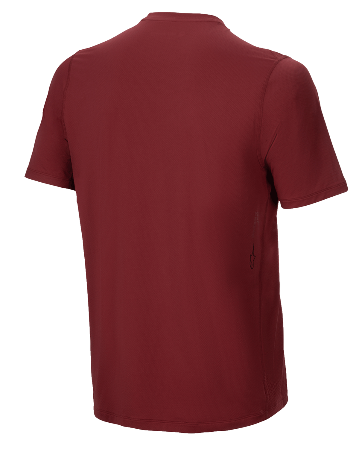 Maillot à manches courtes Alpinestars A-Dura Switch, bordeaux, vue de dos, doté d'un ourlet arrière allongé et d'un petit logo vertical Alpinestars sur le bas du côté, équipement de cyclisme VTT haute performance