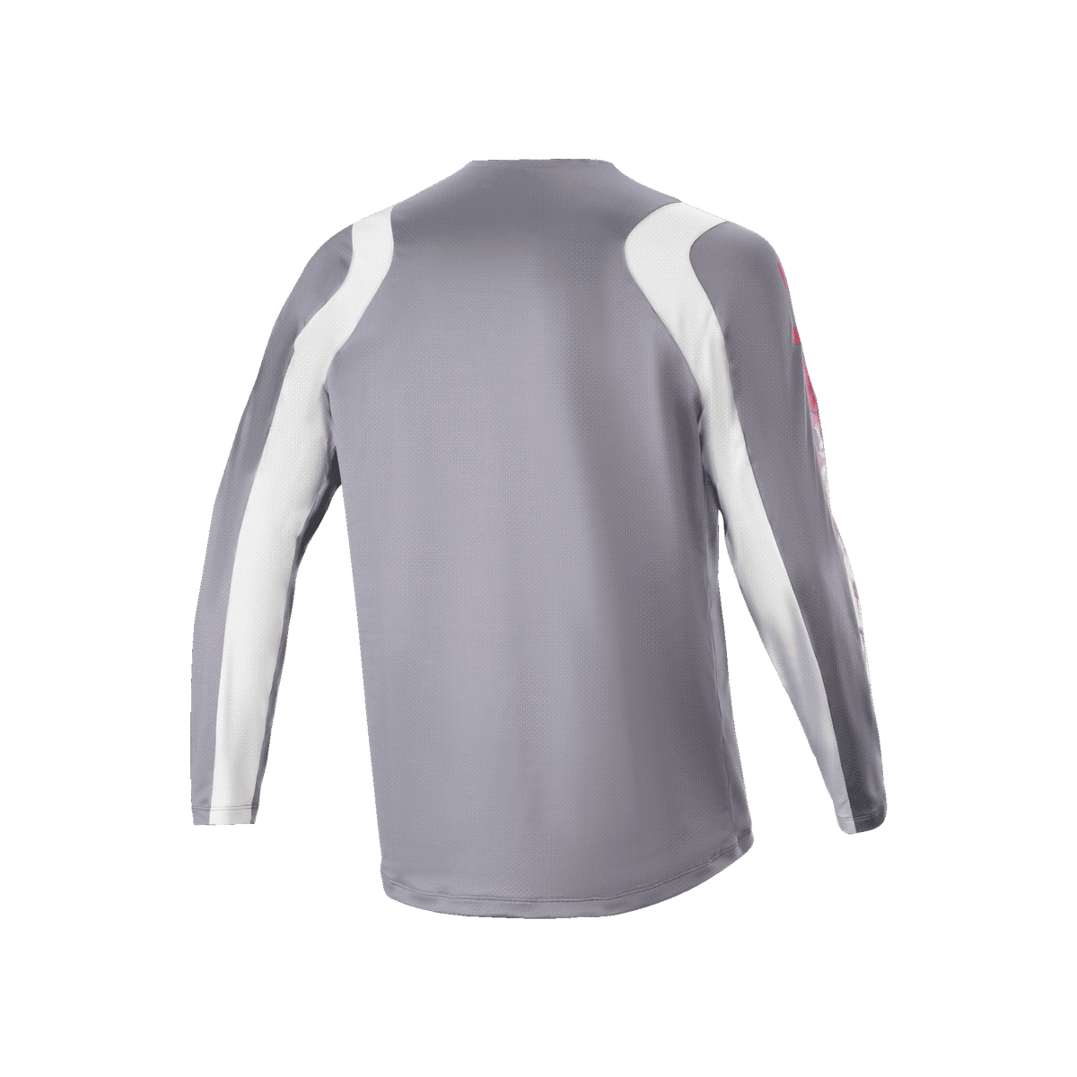 Maillot à manches longues Alpinestars A-Supra Astar, gris foncé et blanc, vue arrière montrant la texture en maille ventilée et une queue plus longue, équipement de cyclisme de performance pour le VTT