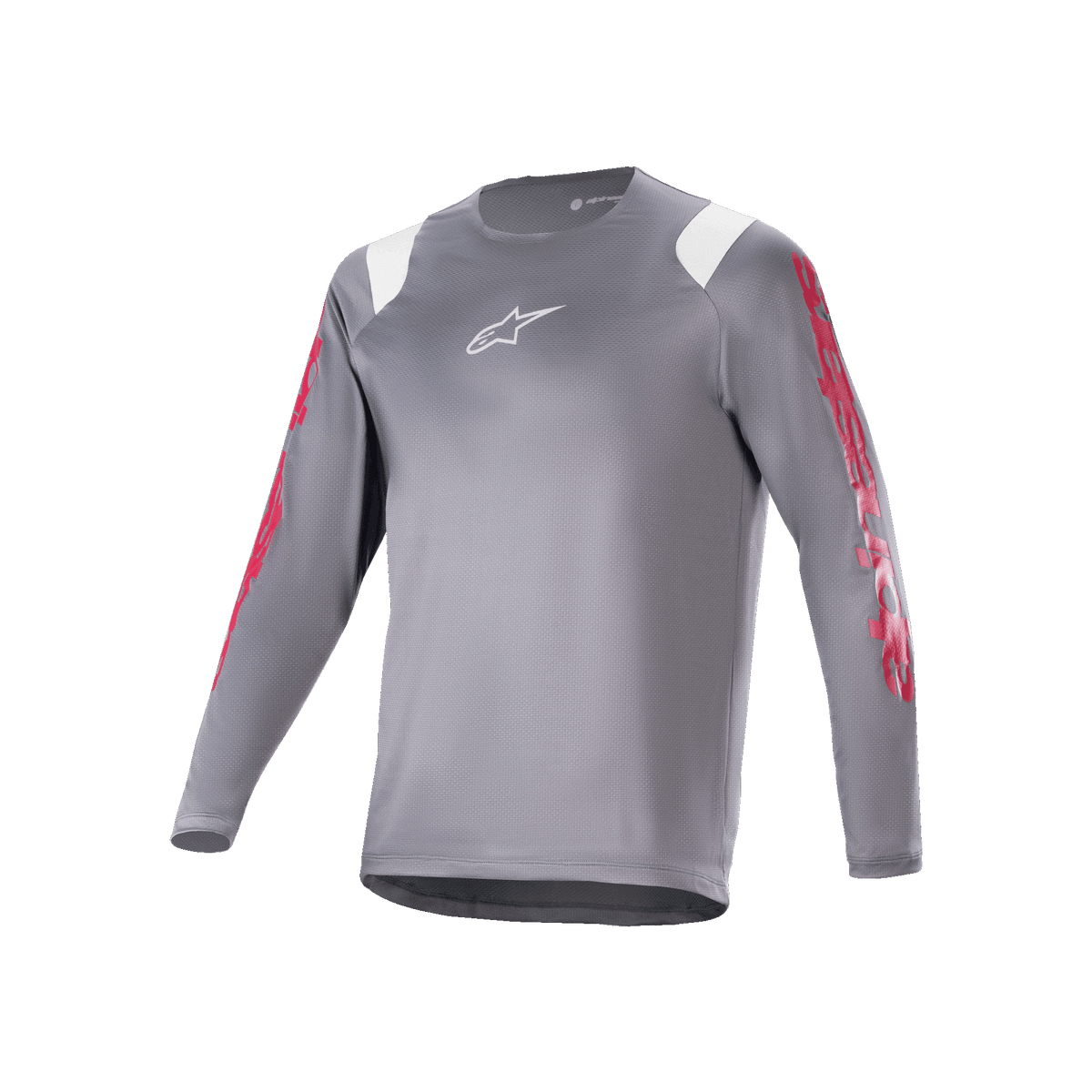 Maillot à manches longues Alpinestars A-Supra Astar, maillot de VTT gris foncé avec motifs rouges sur les manches et accents blancs aux épaules, logo Astars blanc sur la poitrine, vêtement technique pour le vélo de montagne