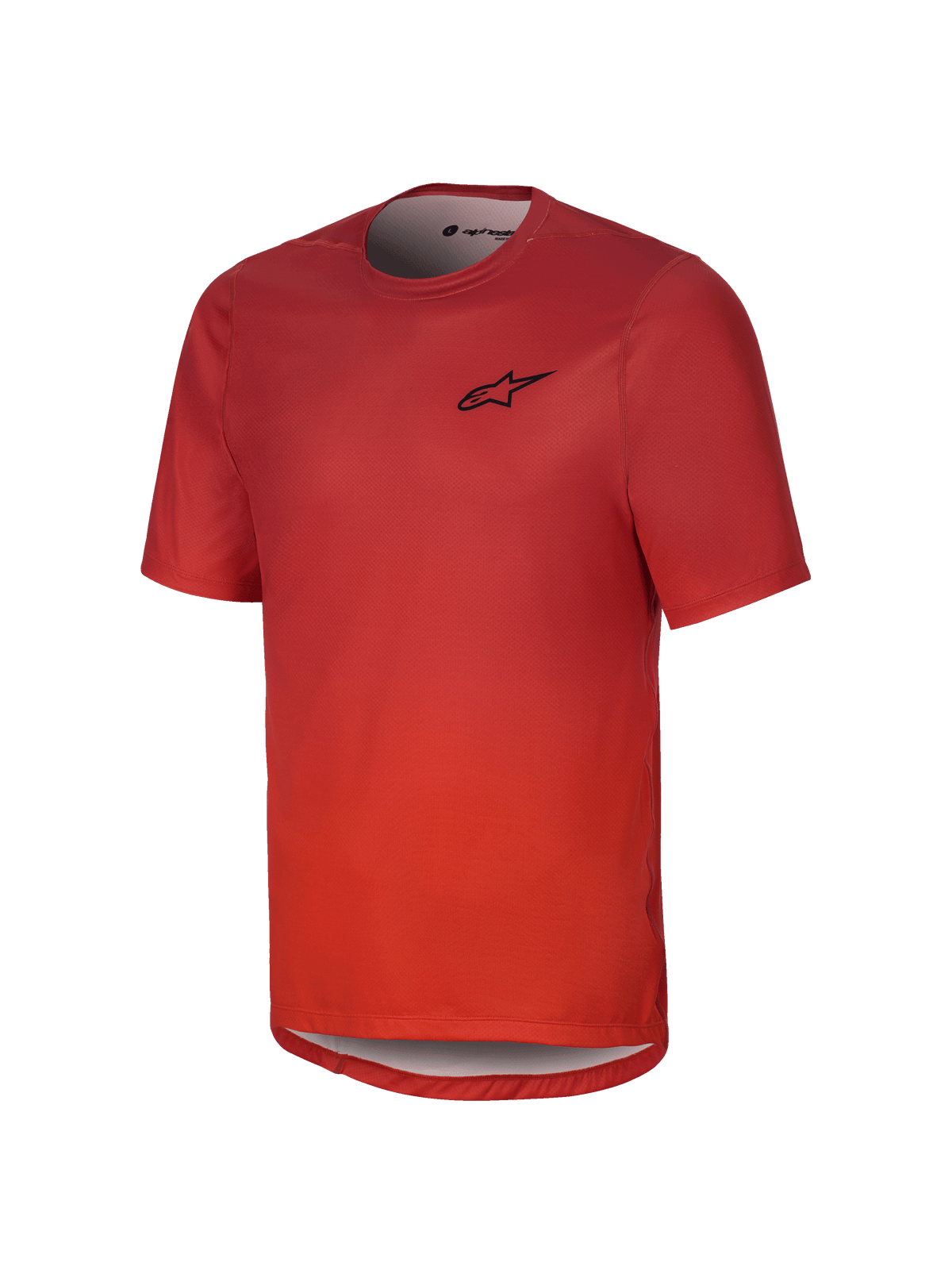 Alpinestars Youth A-Dura Rise Short Sleeve Jersey, Spicy Orange mountain biking jersey with a black chest logo, round neck, and drop tail hem, crafted from breathable jacquard fabric