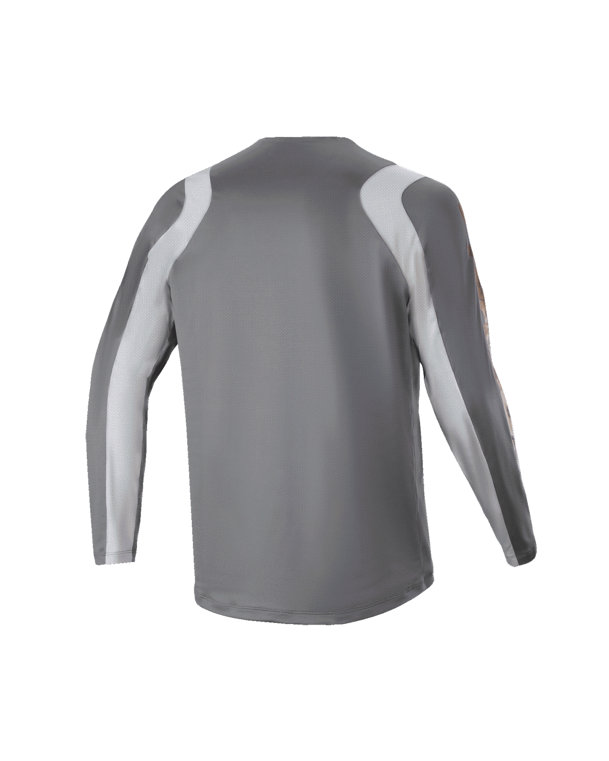 Maillot à manches longues Alpinestars Youth A Supra Astar, vue arrière, gris foncé avec empiècements gris clair aux épaules et aux manches, maillot de VTT à coupe performance, tissu en polyester respirant pour la pratique du gravity