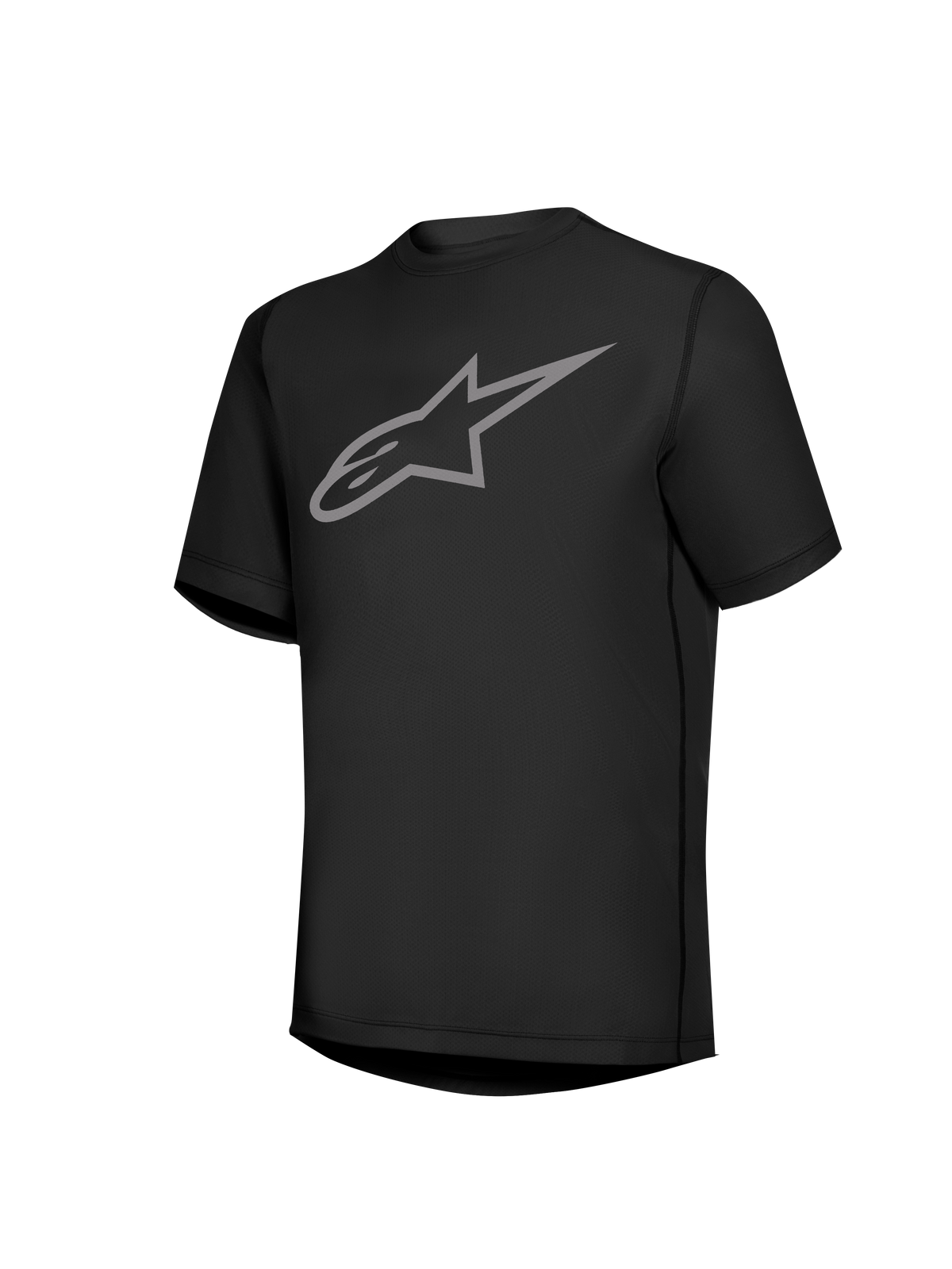 Maillot Stella A-Dura Ride noir à manches courtes, logo Astars gris sur la poitrine, équipement VTT pour femme.