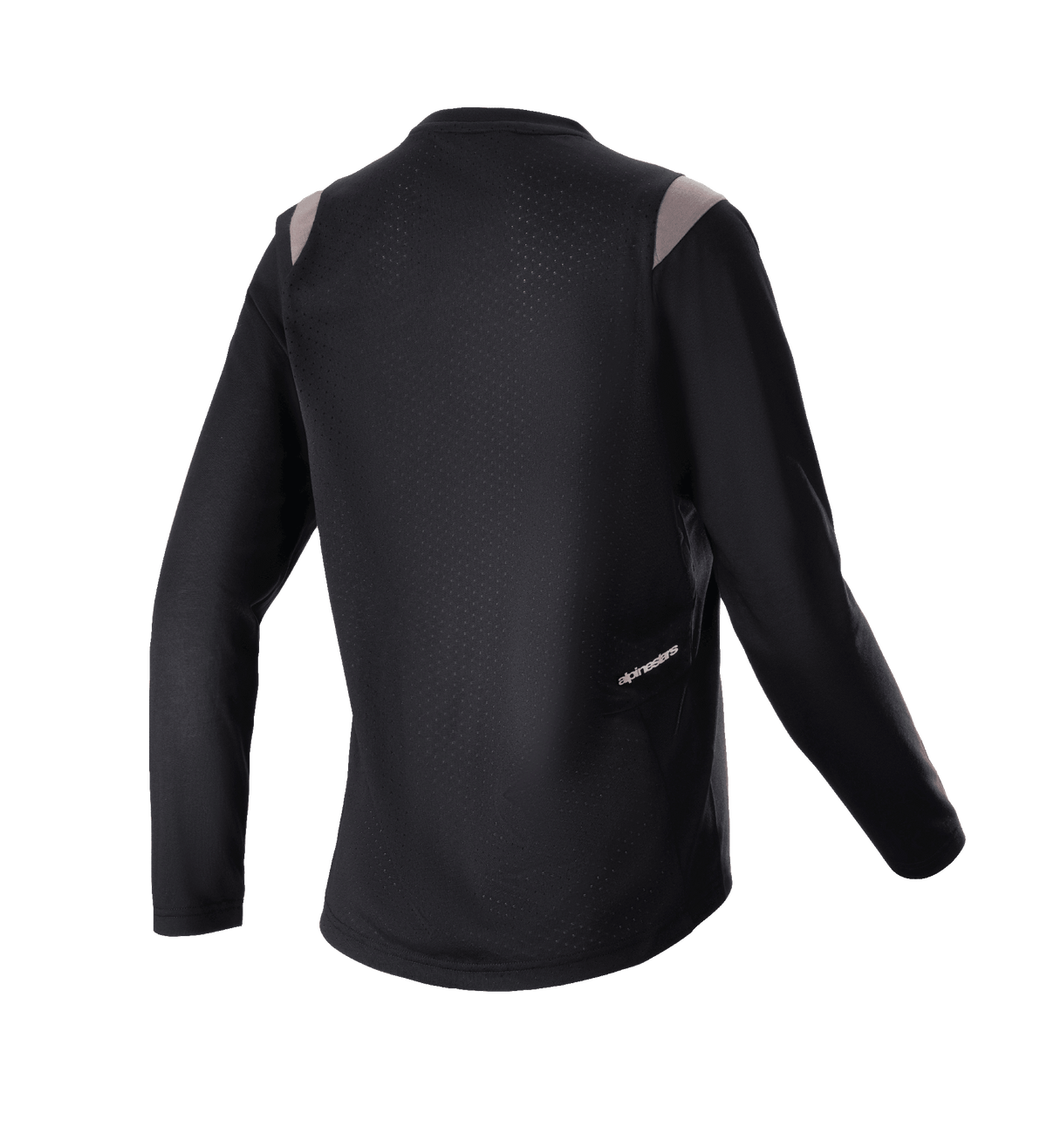 Maillot à manches longues Alpinestars Stella Alps Escape pour femme, noir avec accents gris sur les épaules, vue arrière montrant le panneau en maille perforée pour la ventilation et petit logo Alpinestars, équipement de VTT