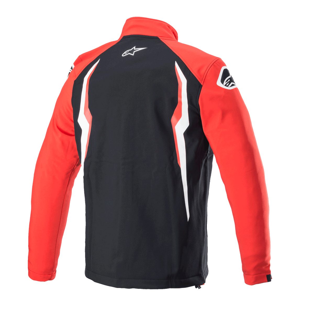 Veste Softshell Honda Alpinestars, rouge et noir, vue de dos avec panneau central noir et manches rouges, arborant des graphismes contrastés blancs et rouges, logo Alpinestars sur le col et l'épaule, design softshell sportif inspiré du sport automobile