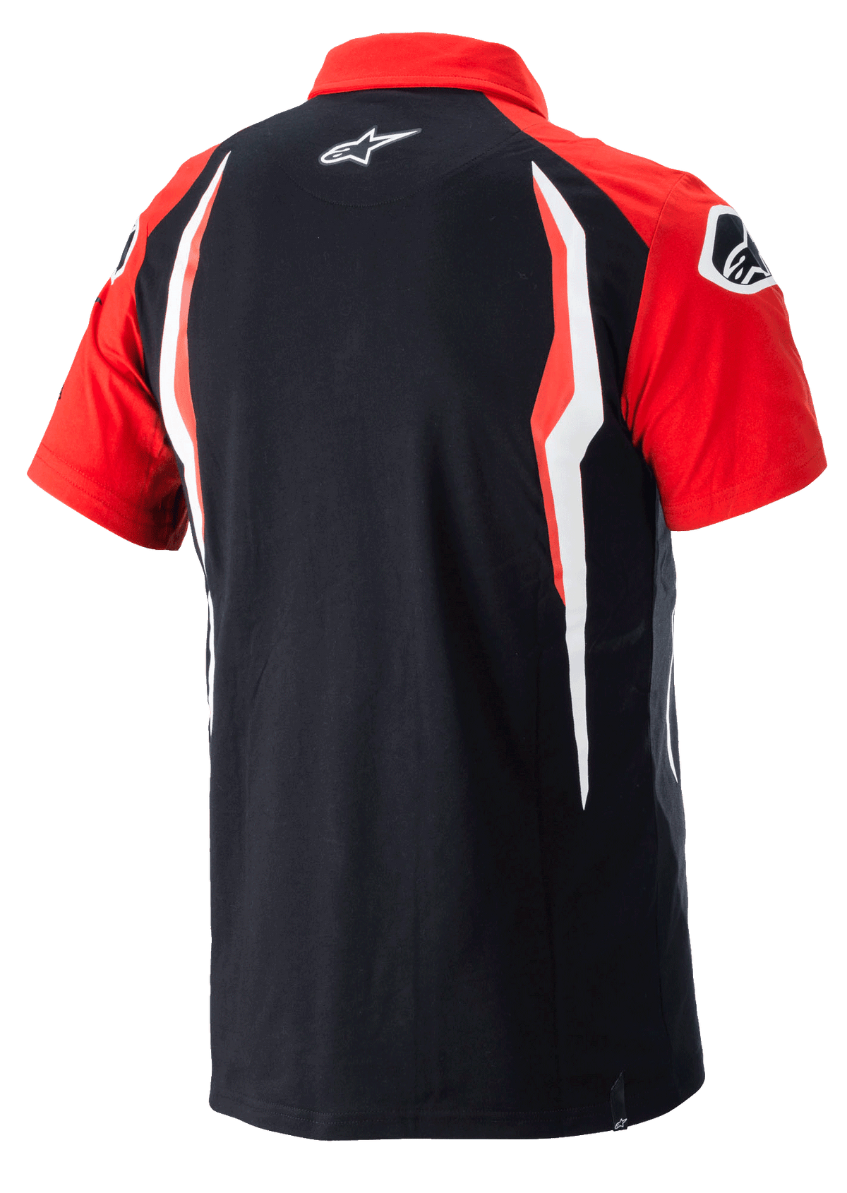 Polo Honda Alpinestars, polo à manches courtes, rouge et noir, vue arrière avec panneaux latéraux contrastés et logo Alpinestars dans le dos, vêtement sportswear décontracté
