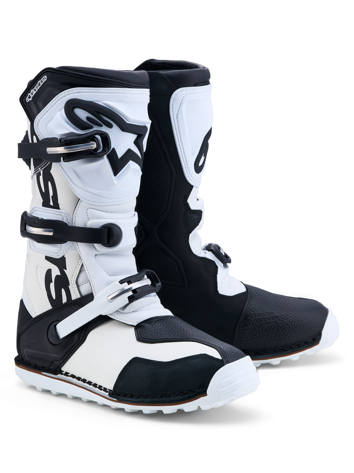 Bottes Alpinestars Tech-T, bottes de moto pour le trial, noires et blanches, construction en cuir avec fermeture à trois boucles et plaque tibiale en TPU, certifiées CE