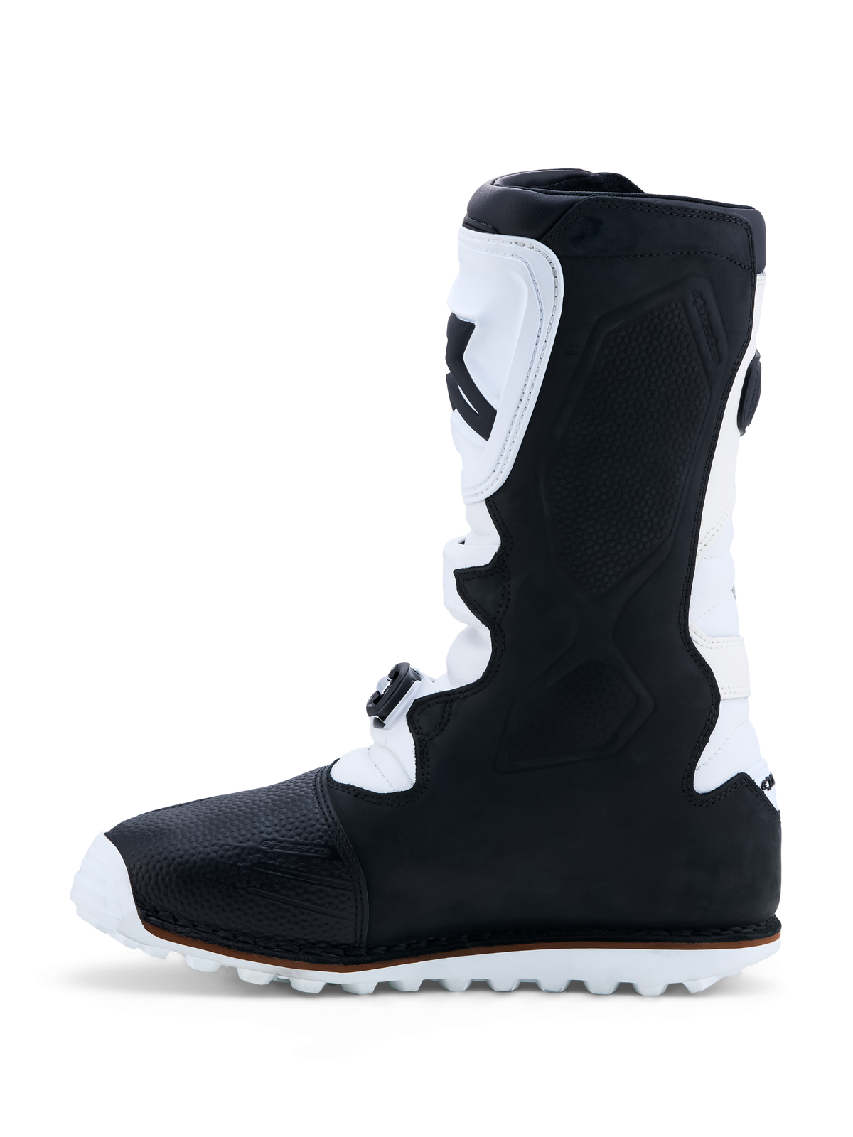 Alpinestars Tech-T, bottes de moto trial pour homme, noires et blanches, cuir avec plaque tibiale TPU et semelle adhérente