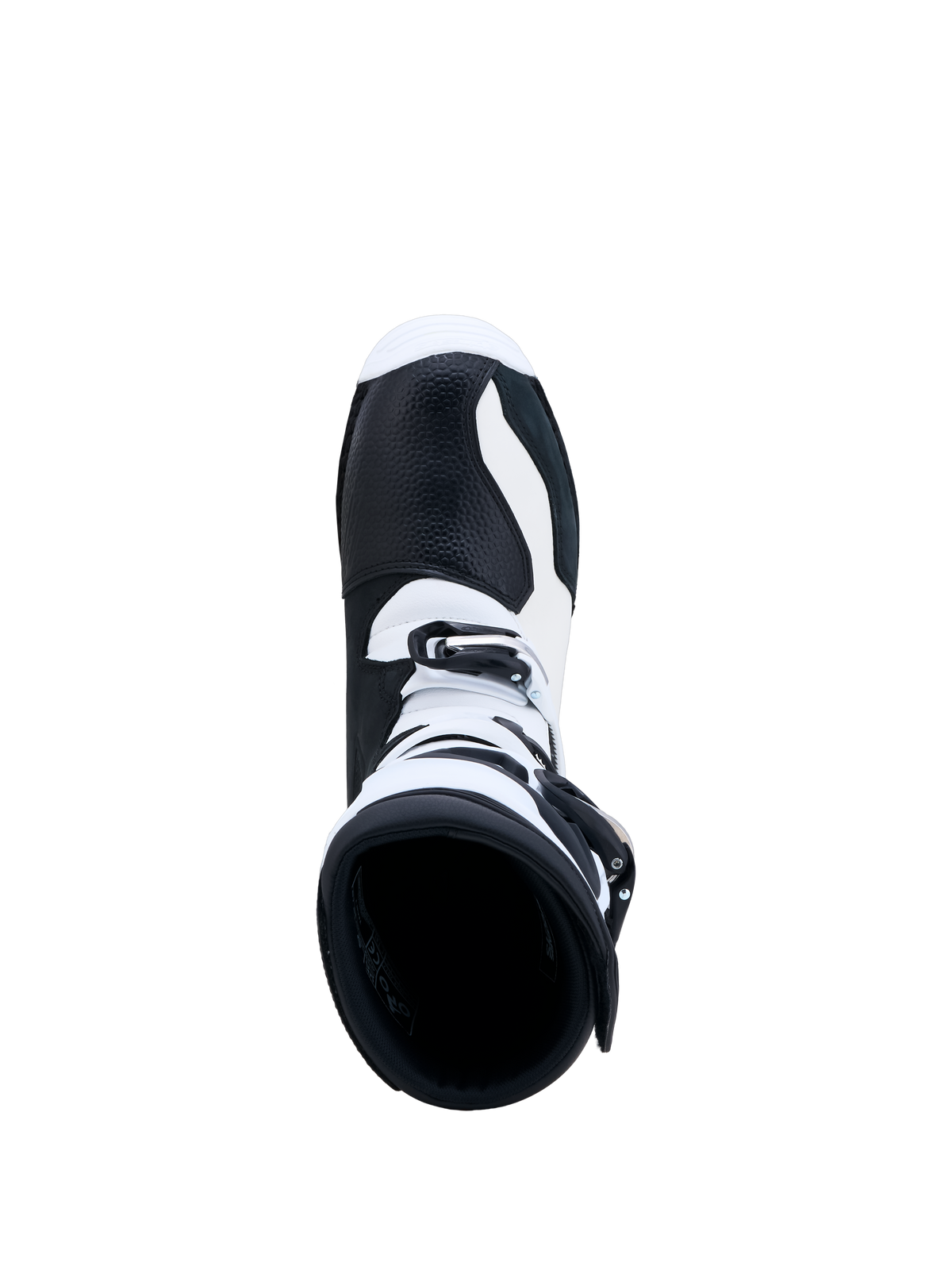 Alpinestars Tech-T, bottes de trial noires et blanches, vue de dessus, cuir et fermeture à boucles pour un contrôle précis