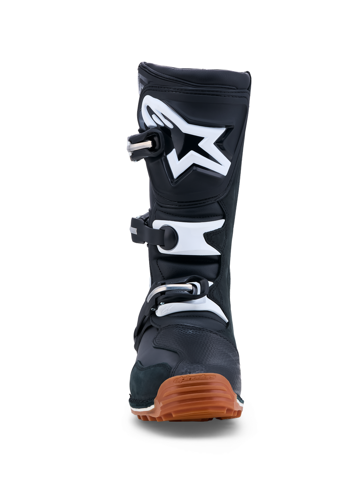 Alpinestars Tech-T, bottes de moto trial pour homme, noires et blanches, en cuir avec semelle gomme adhérente.