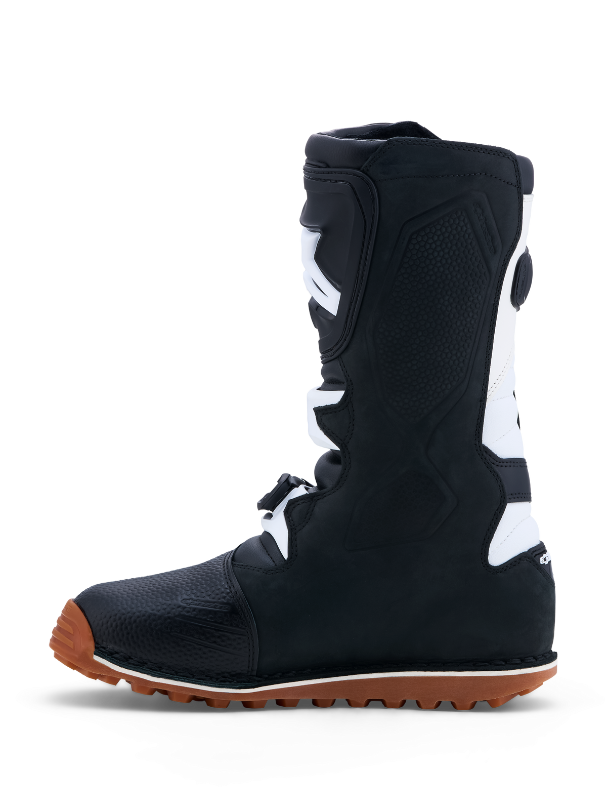 Alpinestars Tech-T, bottes de moto pour le trial pour homme, noires et blanches, semelle en gomme marron à haute adhérence, construction en cuir, certifiées CE