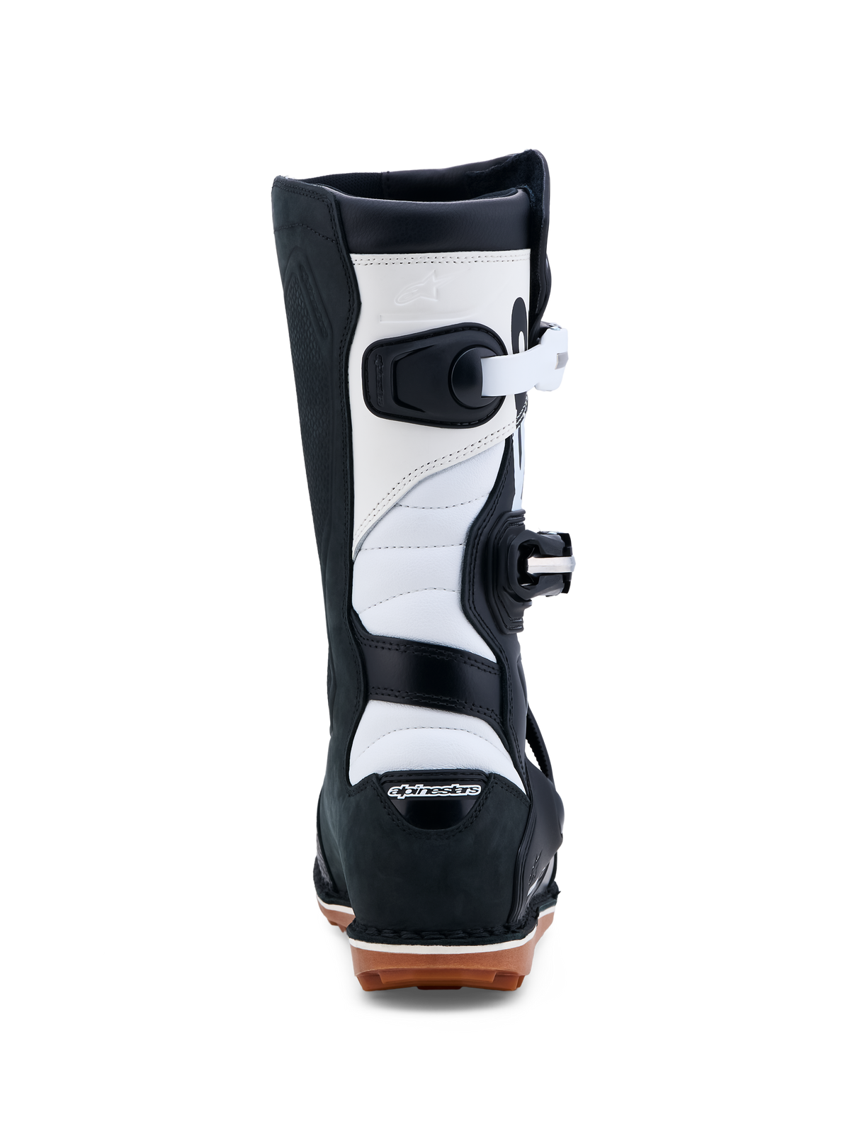 Alpinestars Tech-T, bottes de moto trial, noires et blanches, certifiées CE, construction en cuir et semelle gomme, vue de dos