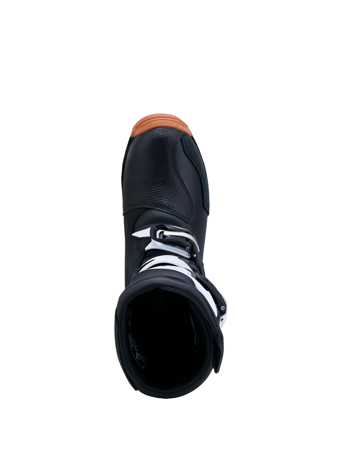 Bottes Alpinestars Tech-T de trial, noires et blanches, semelle gomme, vue de dessus montrant l'ouverture et les boucles.
