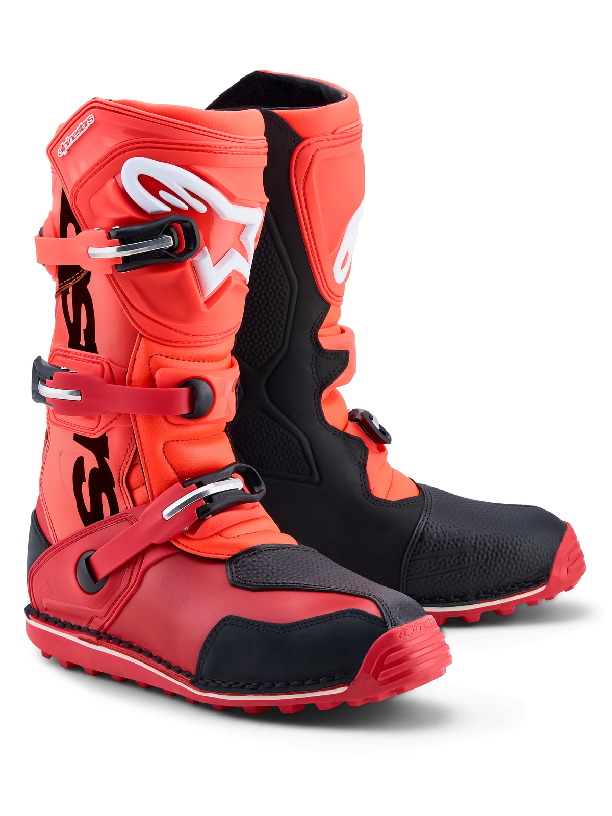 Alpinestars Tech-T, bottes de moto trials, rouge fluo et noir, certifiées CE, construction en cuir et microfibre avec semelle haute adhérence et protection tibia