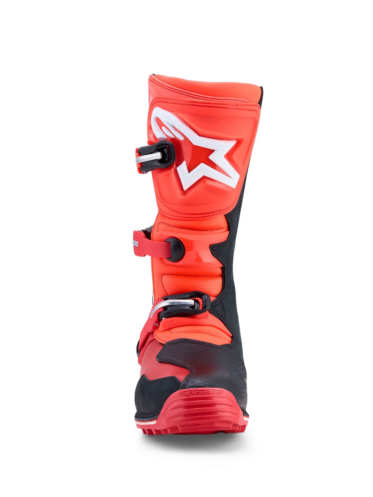 Bottes Alpinestars Tech-T, bottes de moto trial, rouges fluo et noires, plaques de tibia en TPU et cuir, certifiées CE
