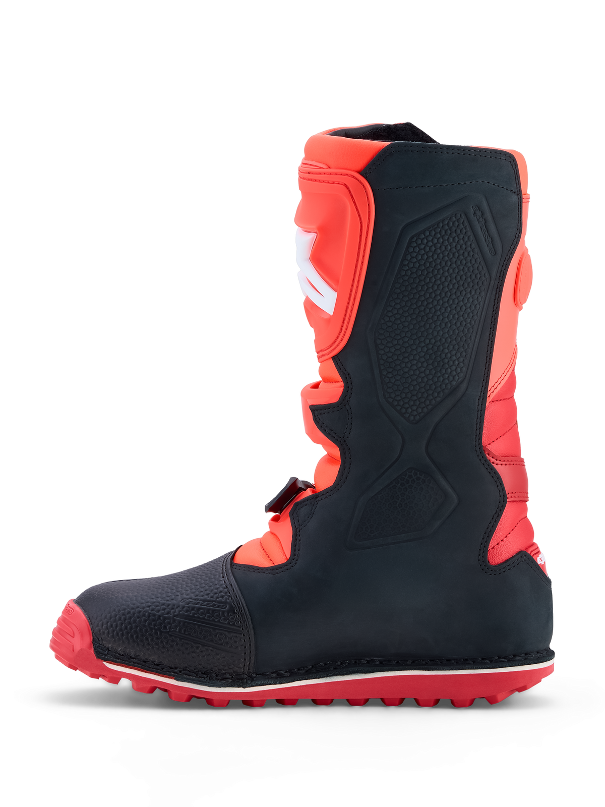 Alpinestars Tech-T, bottes de moto de trial pour homme, rouges et noires, construction en cuir et semelle en caoutchouc à haute adhérence, vue de profil