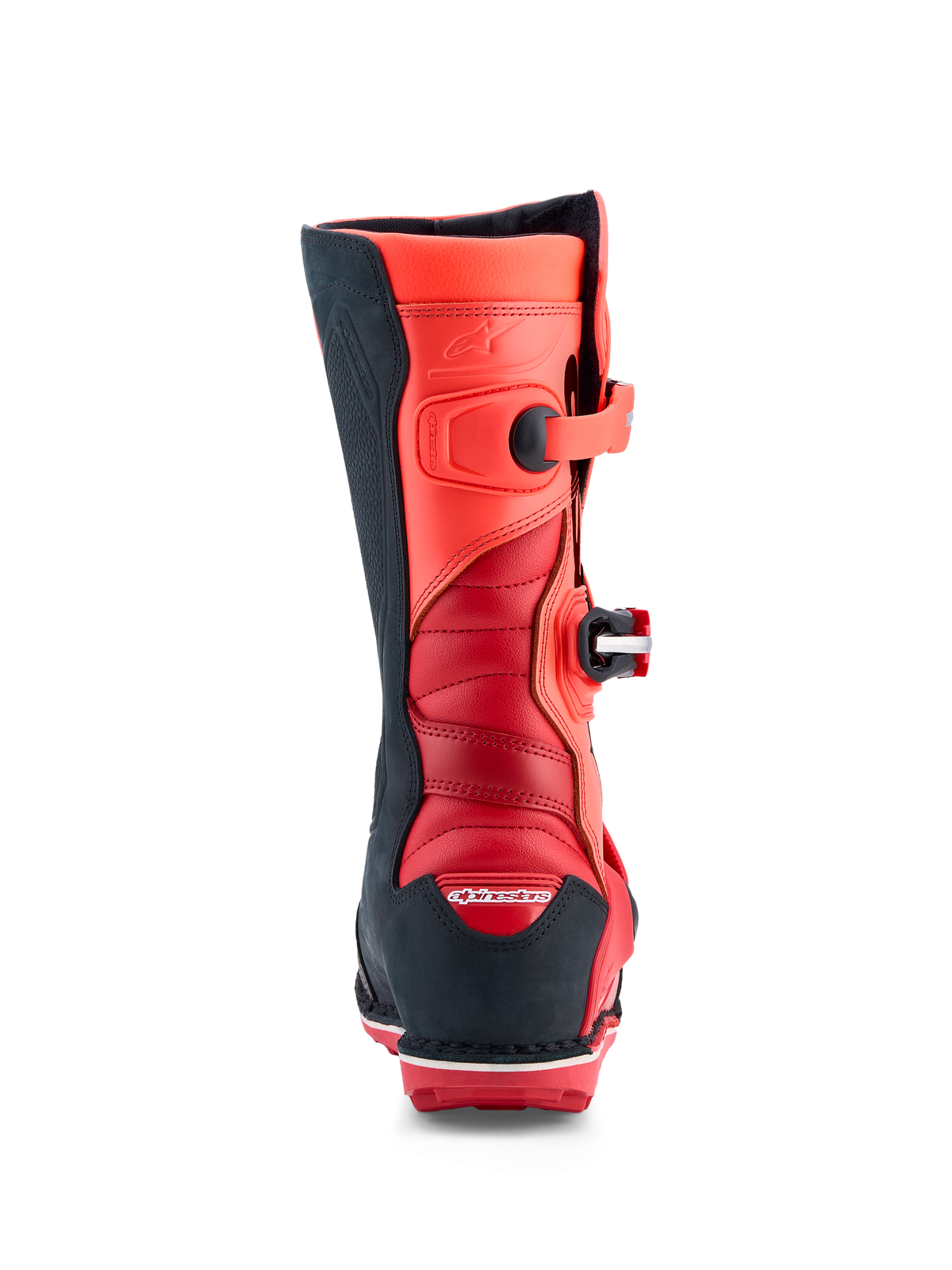 Alpinestars Tech-T, bottes de trial rouge fluo et noires, avec zones de flexion en accordéon et TPU certifié CE.